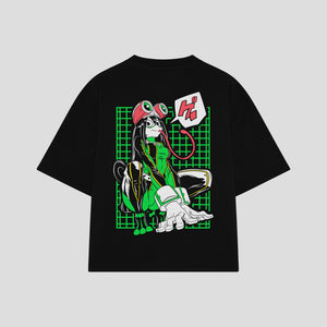 Playera streetwear premium de anime y gaming ExtraLife MX, corte boxy oversized drop shoulder heavyweight en color Deep Black y Off-White, moda urbana mexicana de culto.