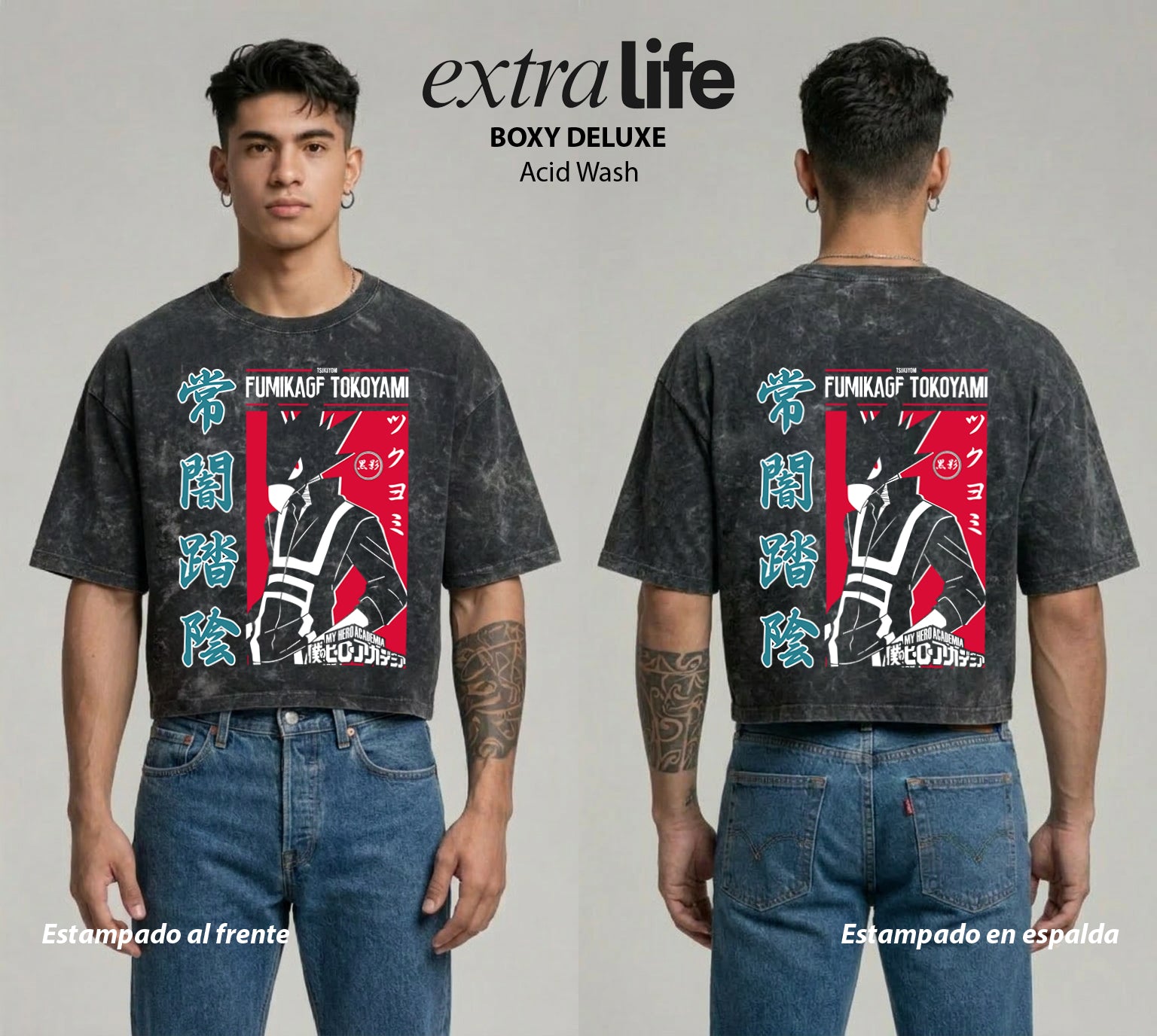 Playera streetwear premium de anime y gaming ExtraLife MX, corte boxy deluxe mineral wash heavyweight en color Acid Wash, moda urbana mexicana de culto.
