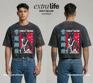 Playera streetwear premium de anime y gaming ExtraLife MX, corte boxy deluxe mineral wash heavyweight en color Acid Wash, moda urbana mexicana de culto.