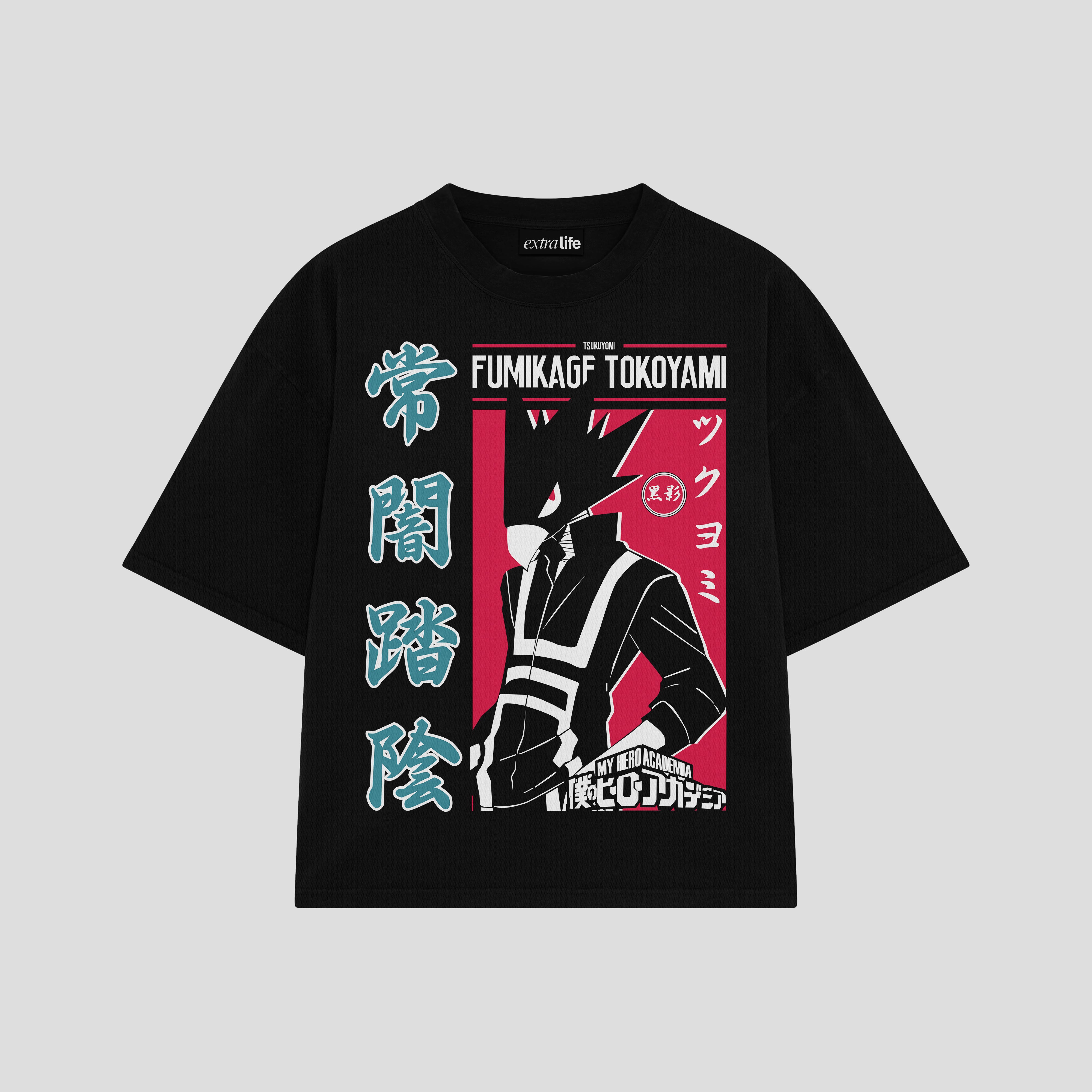 Playera streetwear premium de anime y gaming ExtraLife MX, corte boxy oversized drop shoulder heavyweight en color Deep Black y Off-White, moda urbana mexicana de culto.