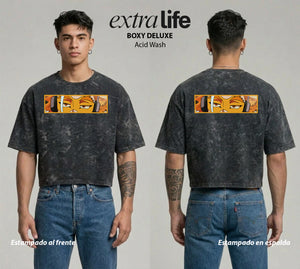 Playera streetwear premium de anime y gaming ExtraLife MX, corte boxy deluxe mineral wash heavyweight en color Acid Wash, moda urbana mexicana de culto.