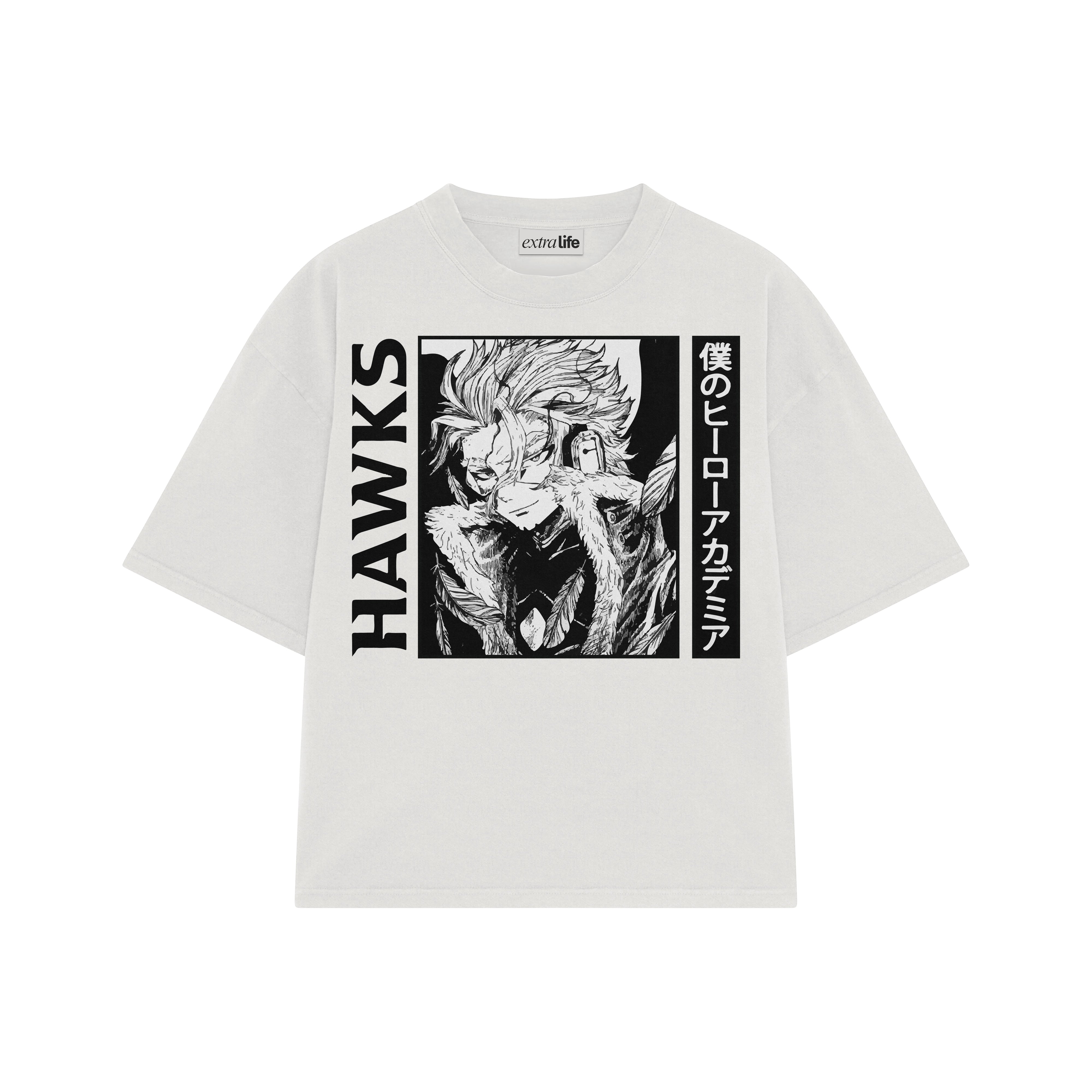 Playera streetwear premium de anime y gaming ExtraLife MX, corte boxy oversized drop shoulder heavyweight en color Deep Black y Off-White, moda urbana mexicana de culto.