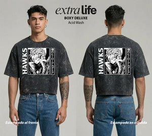 Playera streetwear premium de anime y gaming ExtraLife MX, corte boxy deluxe mineral wash heavyweight en color Acid Wash, moda urbana mexicana de culto.