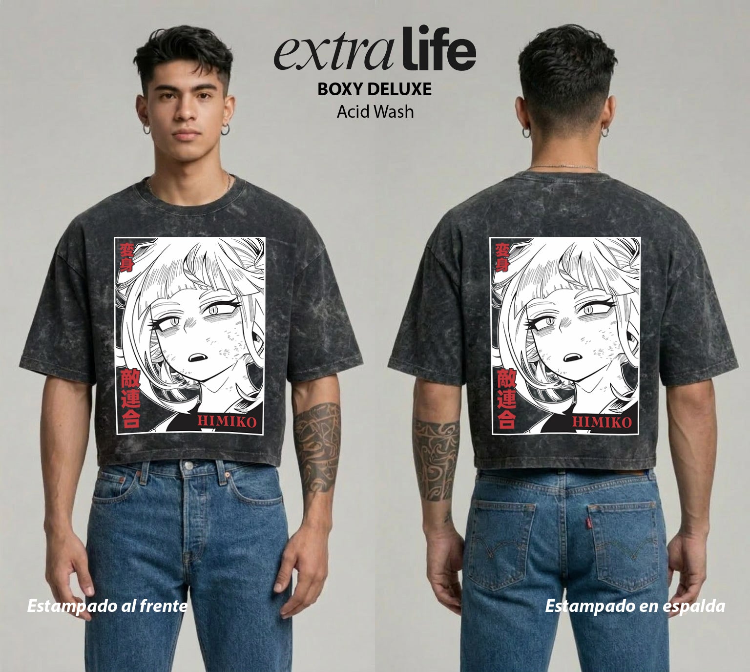 Playera streetwear premium de anime y gaming ExtraLife MX, corte boxy deluxe mineral wash heavyweight en color Acid Wash, moda urbana mexicana de culto.