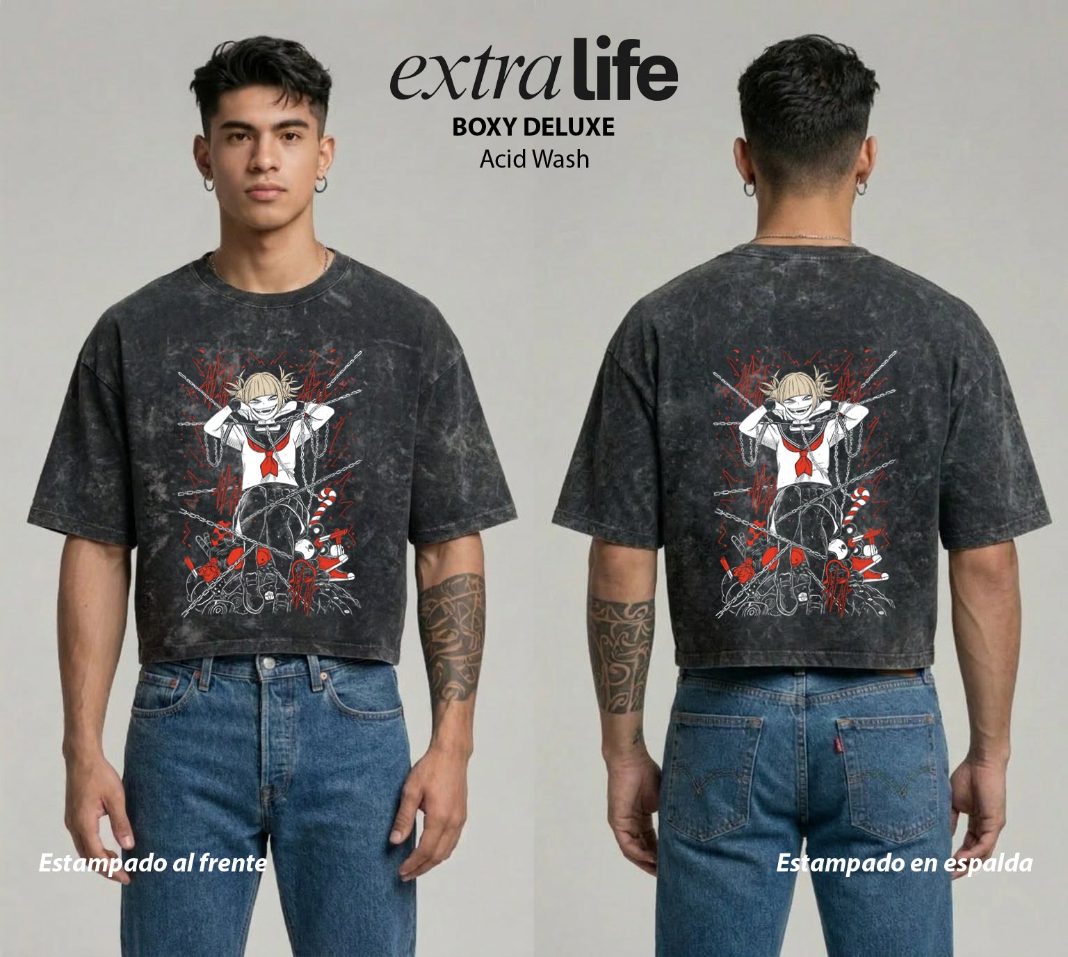 Playera streetwear premium de anime y gaming ExtraLife MX, corte boxy deluxe mineral wash heavyweight en color Acid Wash, moda urbana mexicana de culto.