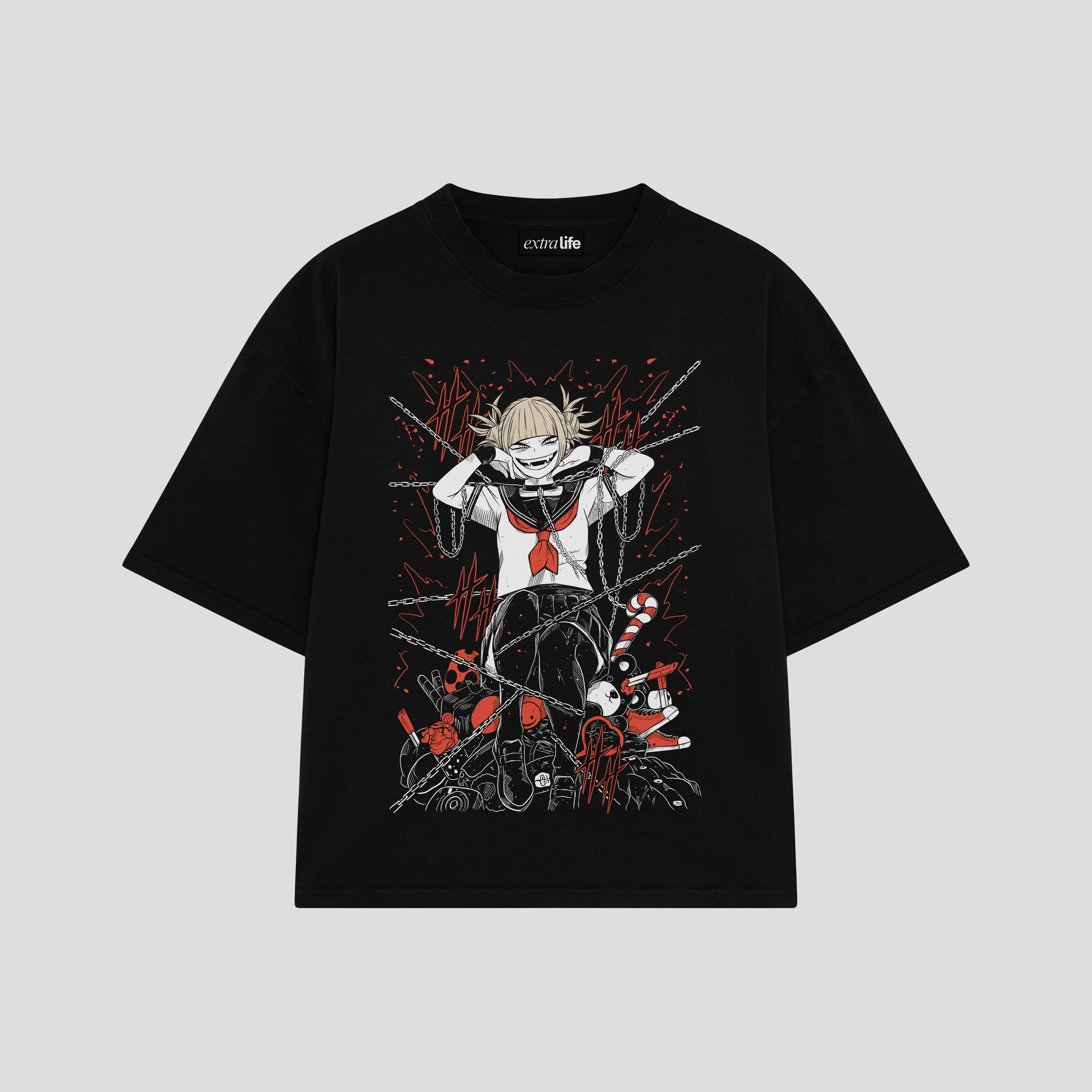 Playera streetwear premium de anime y gaming ExtraLife MX, corte boxy oversized drop shoulder heavyweight en color Deep Black y Off-White, moda urbana mexicana de culto.