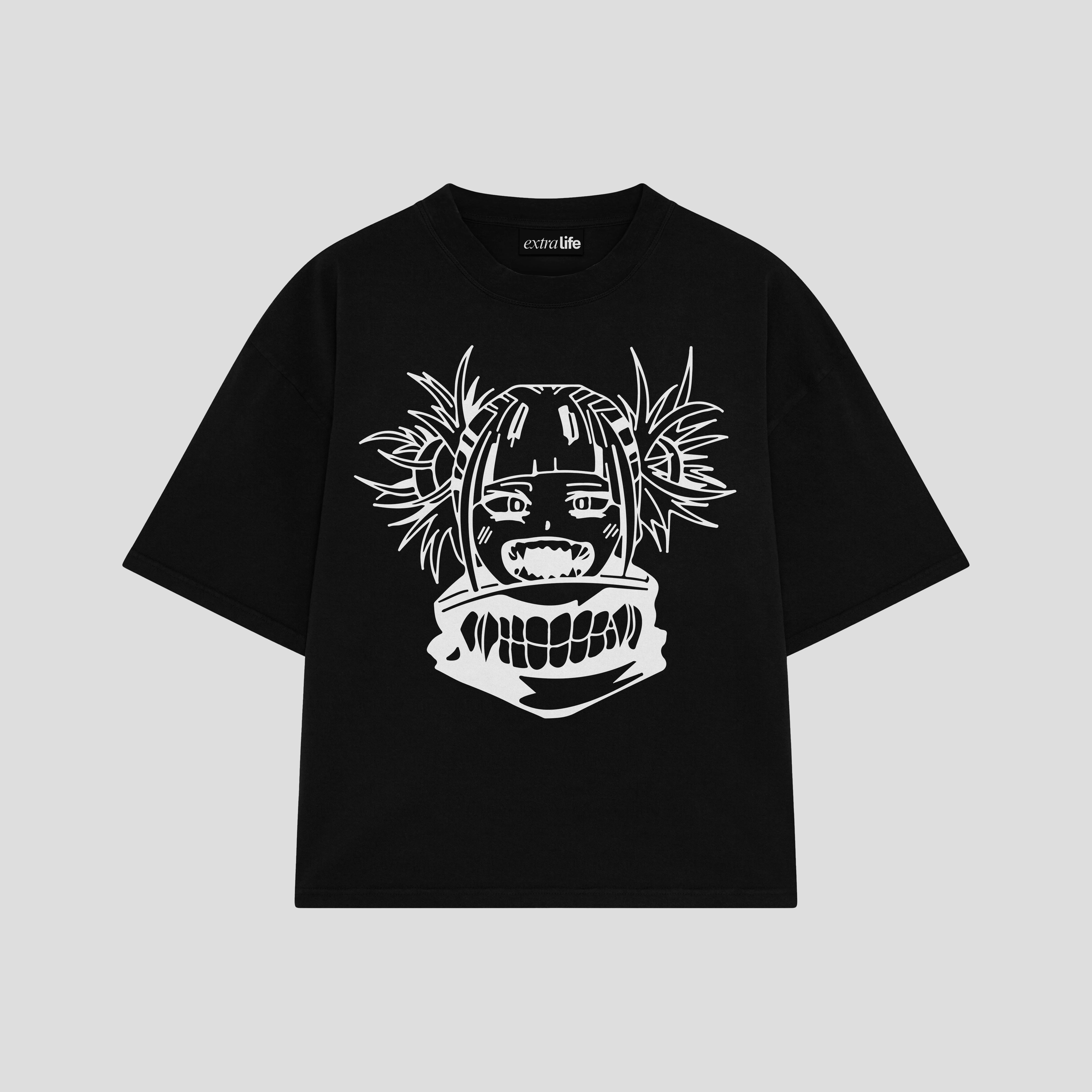 Playera streetwear premium de anime y gaming ExtraLife MX, corte boxy oversized drop shoulder heavyweight en color Deep Black y Off-White, moda urbana mexicana de culto.