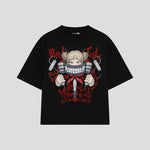 Playera streetwear premium de anime y gaming ExtraLife MX, corte boxy oversized drop shoulder heavyweight en color Deep Black y Off-White, moda urbana mexicana de culto.