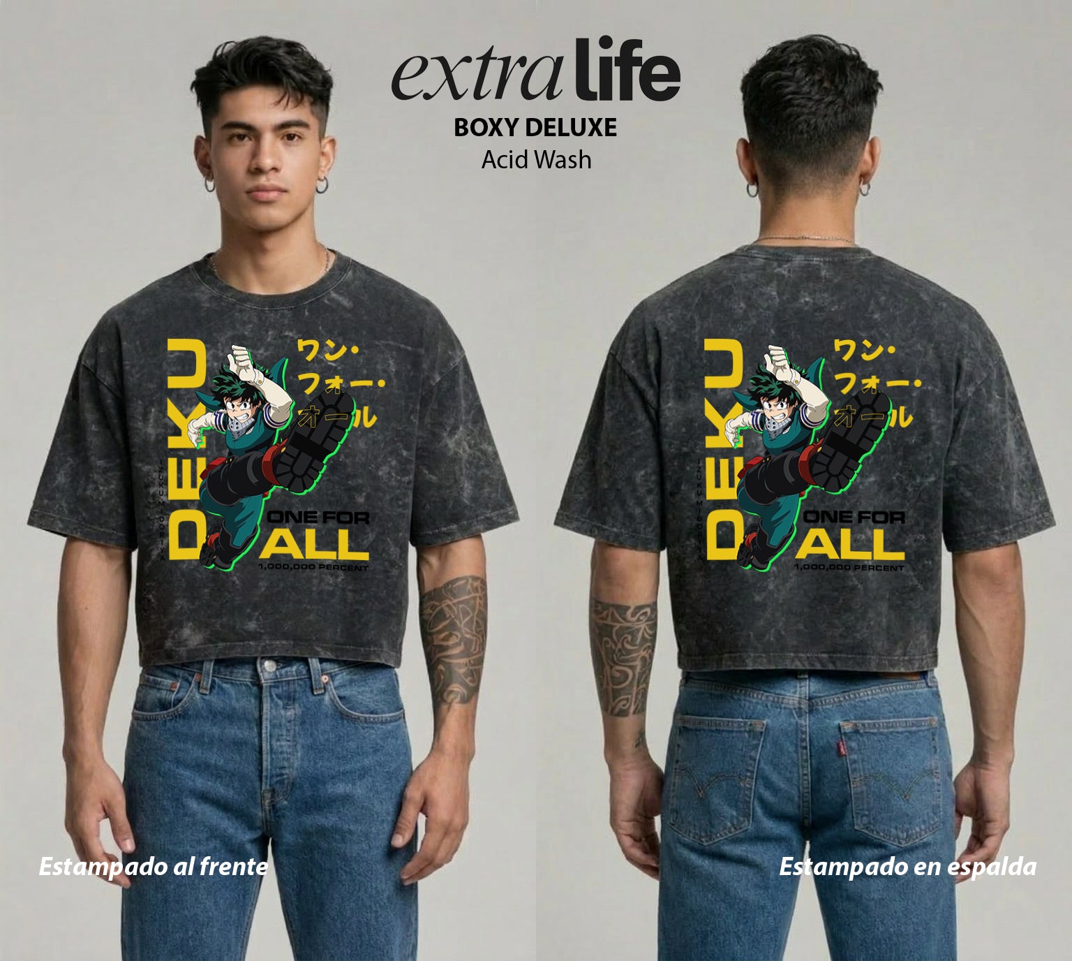 Playera streetwear premium de anime y gaming ExtraLife MX, corte boxy deluxe mineral wash heavyweight en color Acid Wash, moda urbana mexicana de culto.