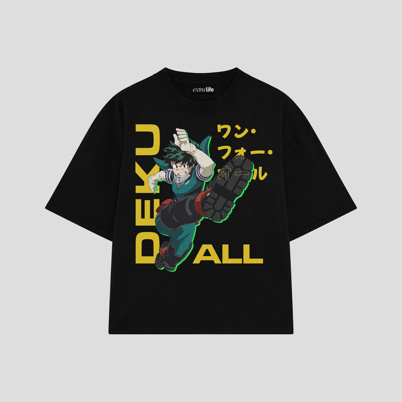 Playera streetwear premium de anime y gaming ExtraLife MX, corte boxy oversized drop shoulder heavyweight en color Deep Black y Off-White, moda urbana mexicana de culto.