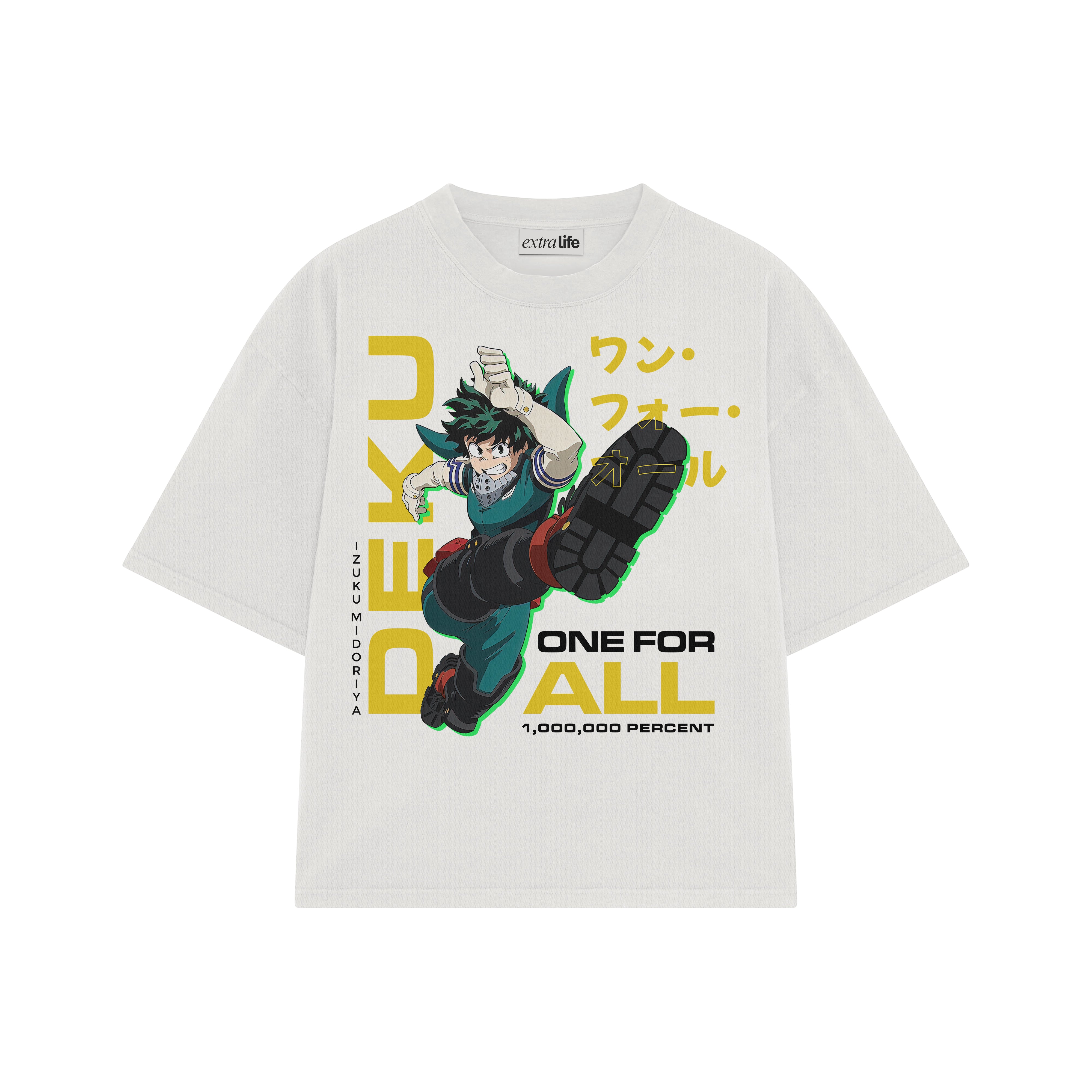 Playera streetwear premium de anime y gaming ExtraLife MX, corte boxy oversized drop shoulder heavyweight en color Deep Black y Off-White, moda urbana mexicana de culto.