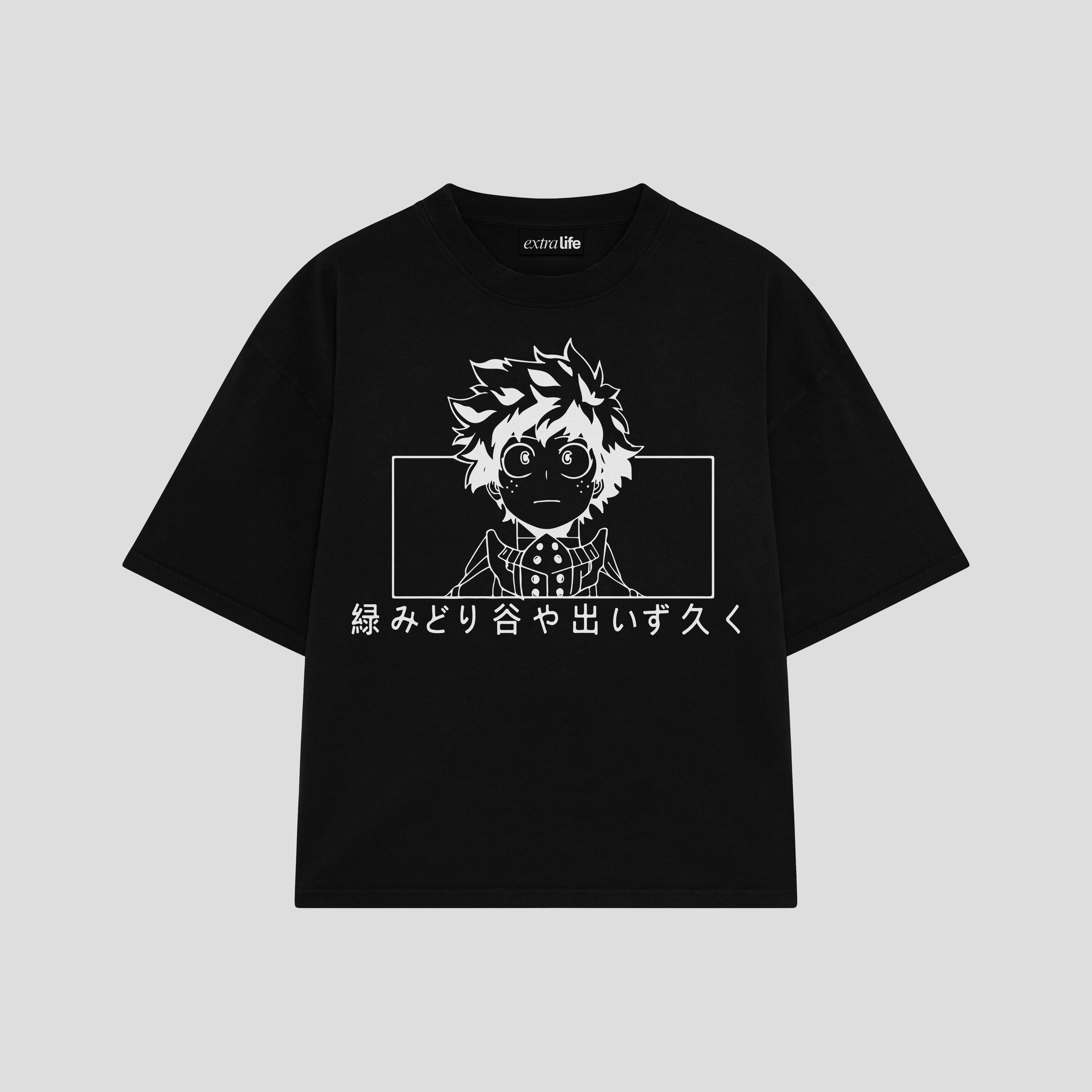 Playera streetwear premium de anime y gaming ExtraLife MX, corte boxy oversized drop shoulder heavyweight en color Deep Black y Off-White, moda urbana mexicana de culto.