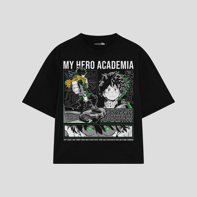 Playera streetwear premium de anime y gaming ExtraLife MX, corte boxy oversized drop shoulder heavyweight en color Deep Black y Off-White, moda urbana mexicana de culto.