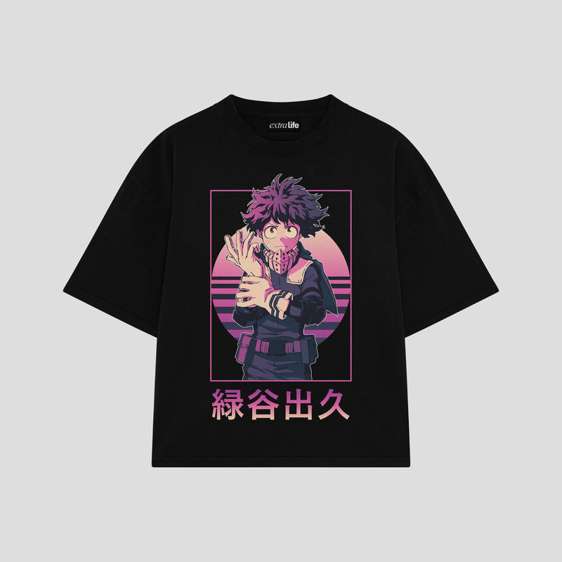 Playera streetwear premium de anime y gaming ExtraLife MX, corte boxy oversized drop shoulder heavyweight en color Deep Black y Off-White, moda urbana mexicana de culto.