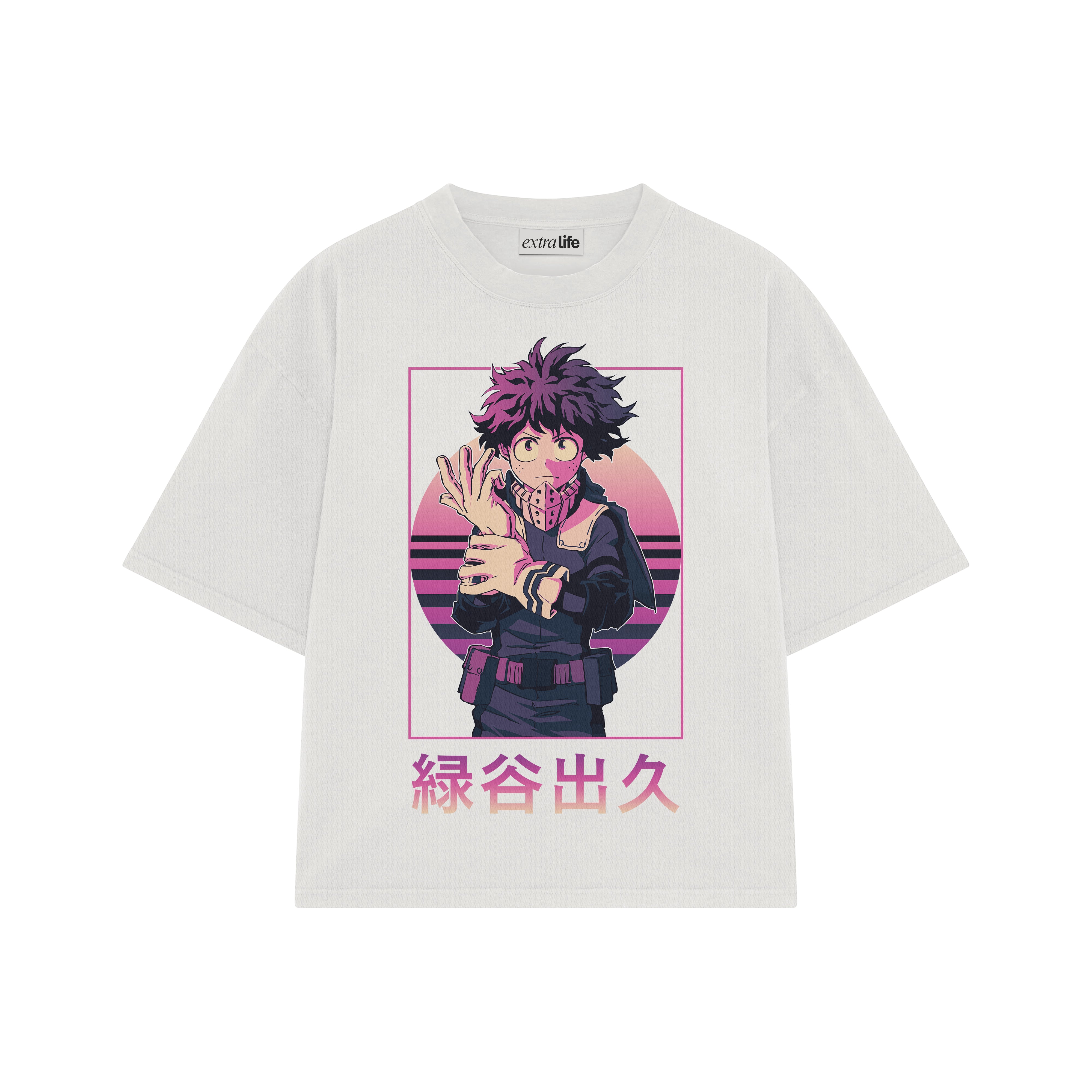 Playera streetwear premium de anime y gaming ExtraLife MX, corte boxy oversized drop shoulder heavyweight en color Deep Black y Off-White, moda urbana mexicana de culto.