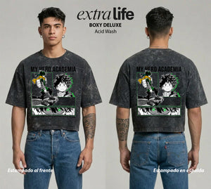 Playera streetwear premium de anime y gaming ExtraLife MX, corte boxy deluxe mineral wash heavyweight en color Acid Wash, moda urbana mexicana de culto.