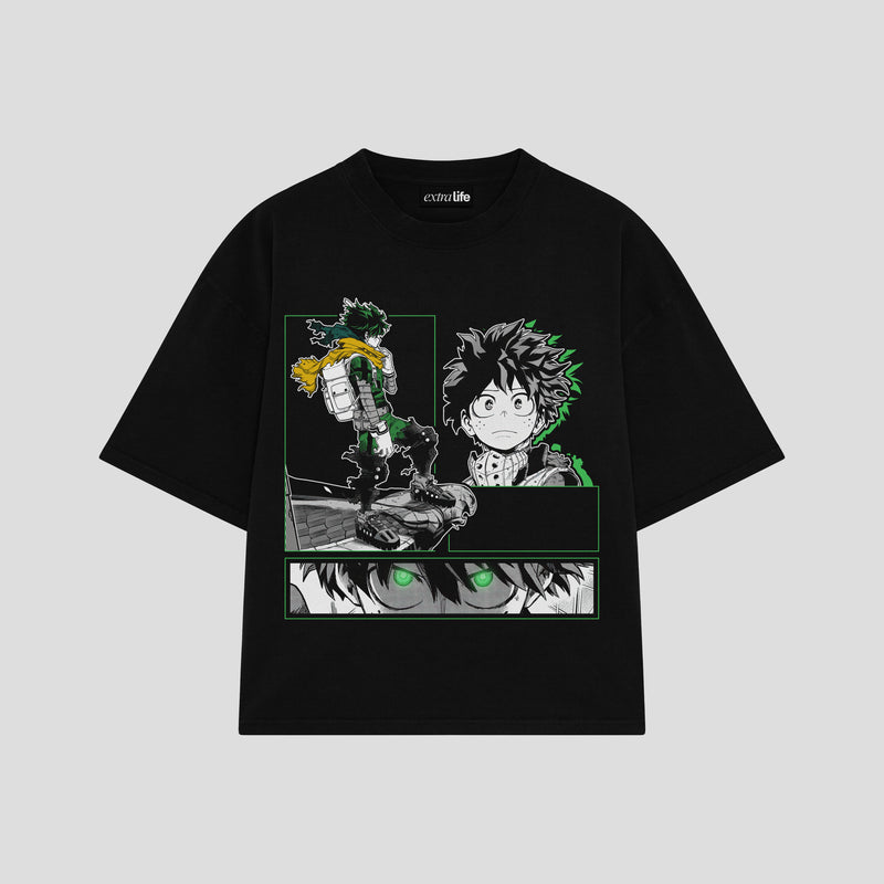 Playera streetwear premium de anime y gaming ExtraLife MX, corte boxy oversized drop shoulder heavyweight en color Deep Black y Off-White, moda urbana mexicana de culto.
