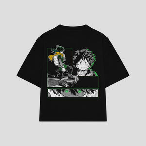 Playera streetwear premium de anime y gaming ExtraLife MX, corte boxy oversized drop shoulder heavyweight en color Deep Black y Off-White, moda urbana mexicana de culto.