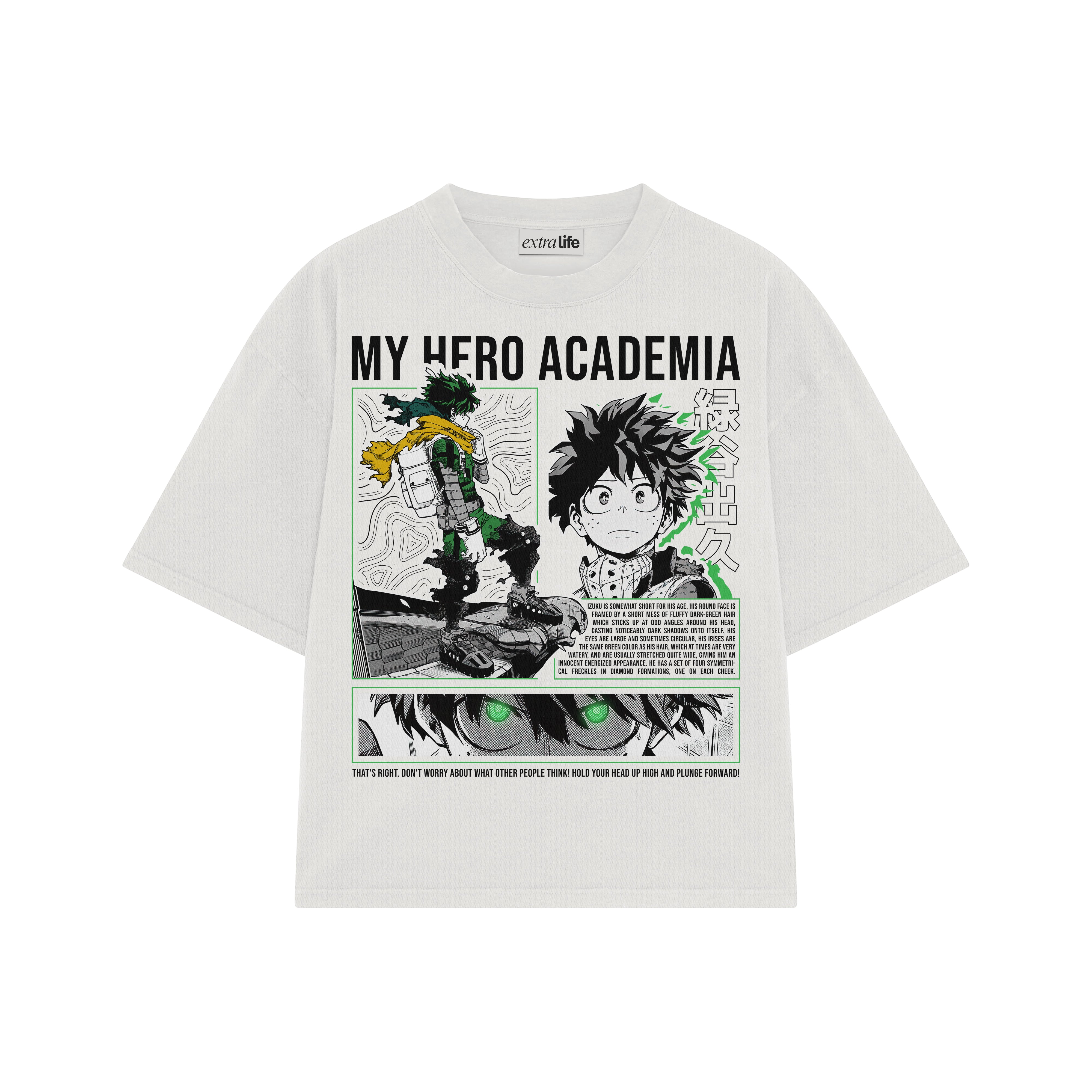 Playera streetwear premium de anime y gaming ExtraLife MX, corte boxy oversized drop shoulder heavyweight en color Deep Black y Off-White, moda urbana mexicana de culto.