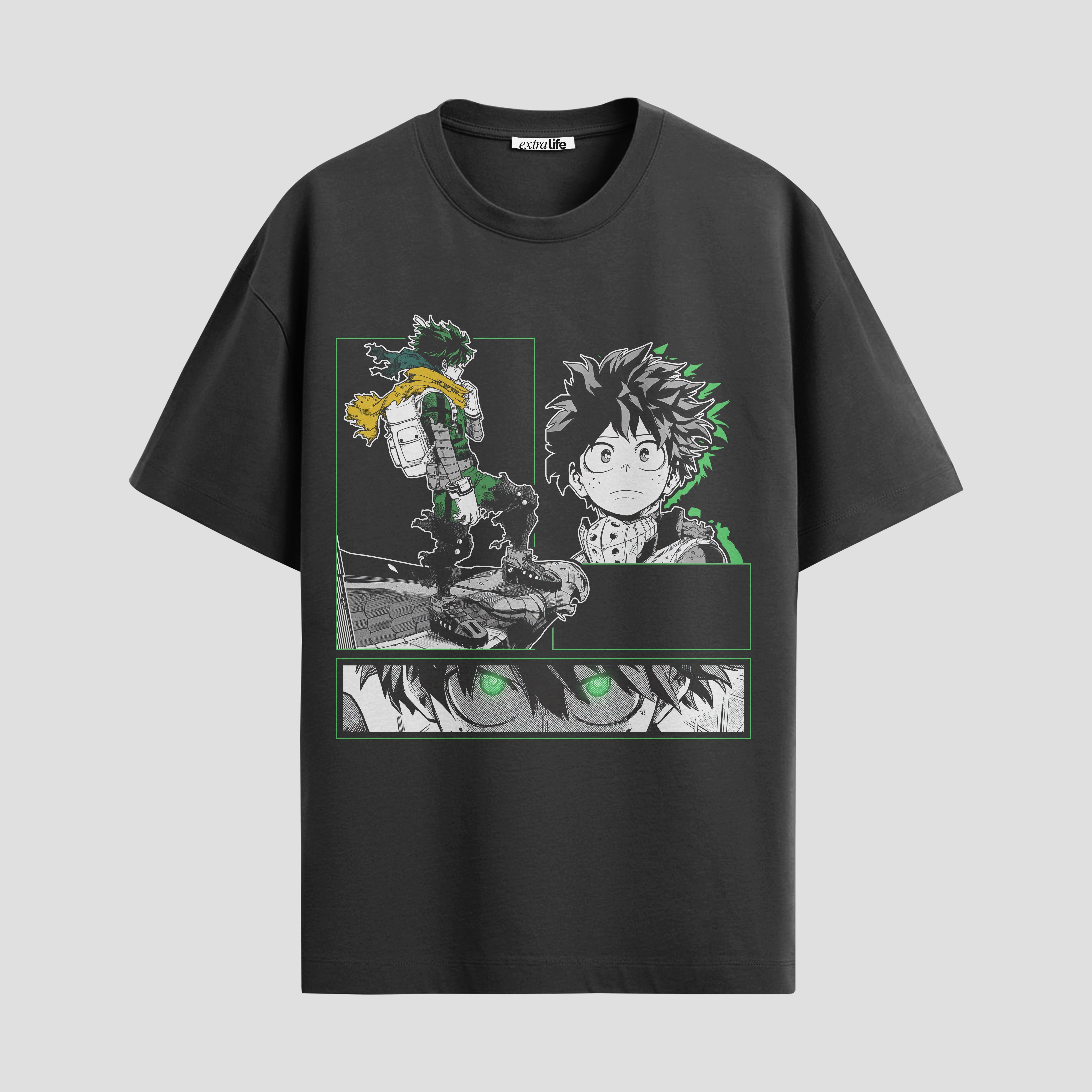 Playera urbana de anime y gaming ExtraLife MX, corte Standard Fit unisex ligero y transpirable en color Deep Black y Pure White, ropa de uso diario para gym y casual.
