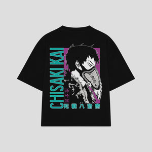 Playera streetwear premium de anime y gaming ExtraLife MX, corte boxy oversized drop shoulder heavyweight en color Deep Black y Off-White, moda urbana mexicana de culto.