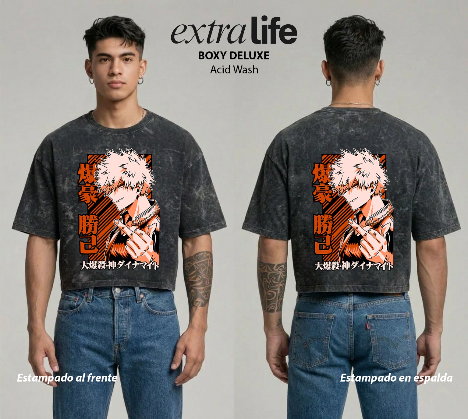 Playera streetwear premium de anime y gaming ExtraLife MX, corte boxy deluxe mineral wash heavyweight en color Acid Wash, moda urbana mexicana de culto.
