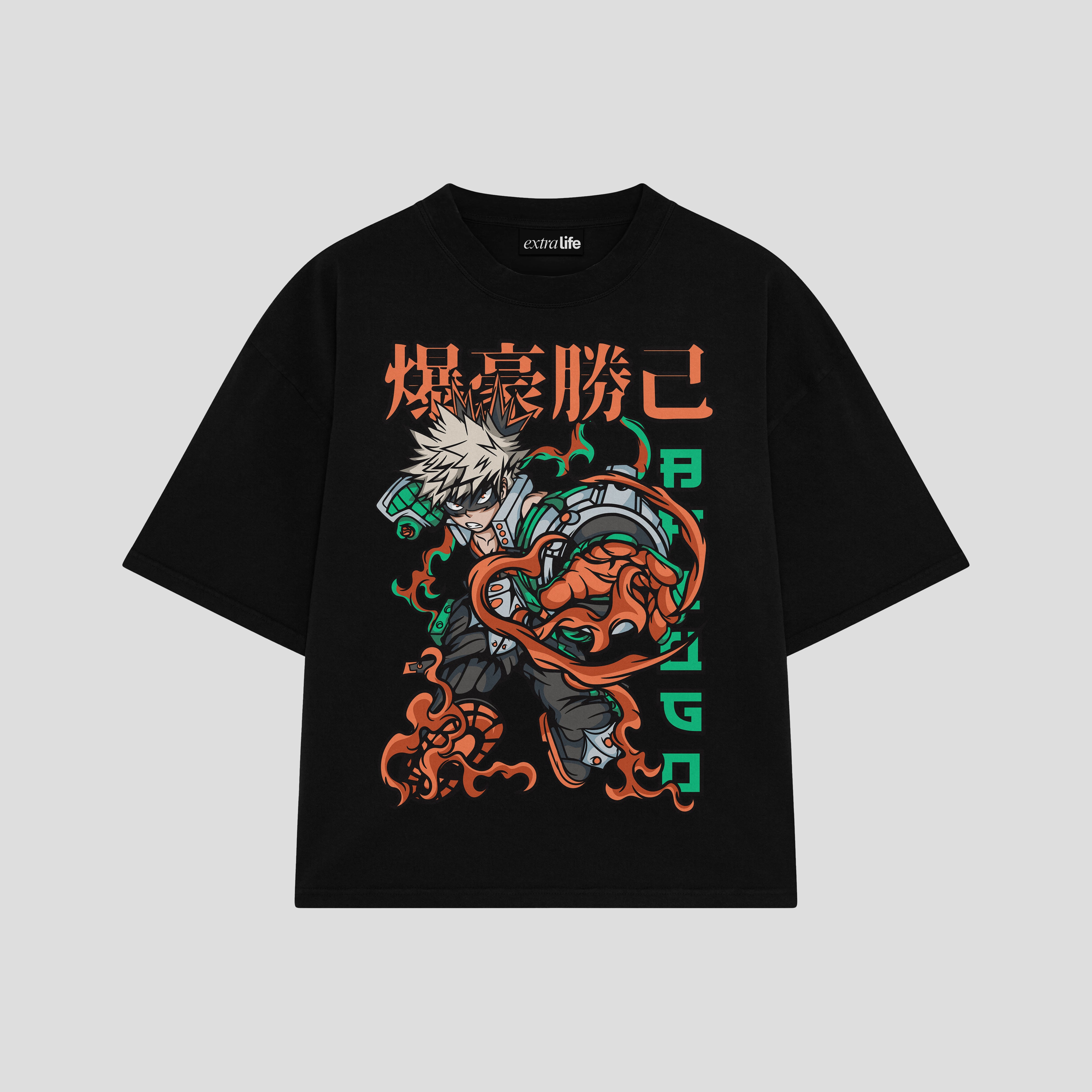 Playera streetwear premium de anime y gaming ExtraLife MX, corte boxy oversized drop shoulder heavyweight en color Deep Black y Off-White, moda urbana mexicana de culto.