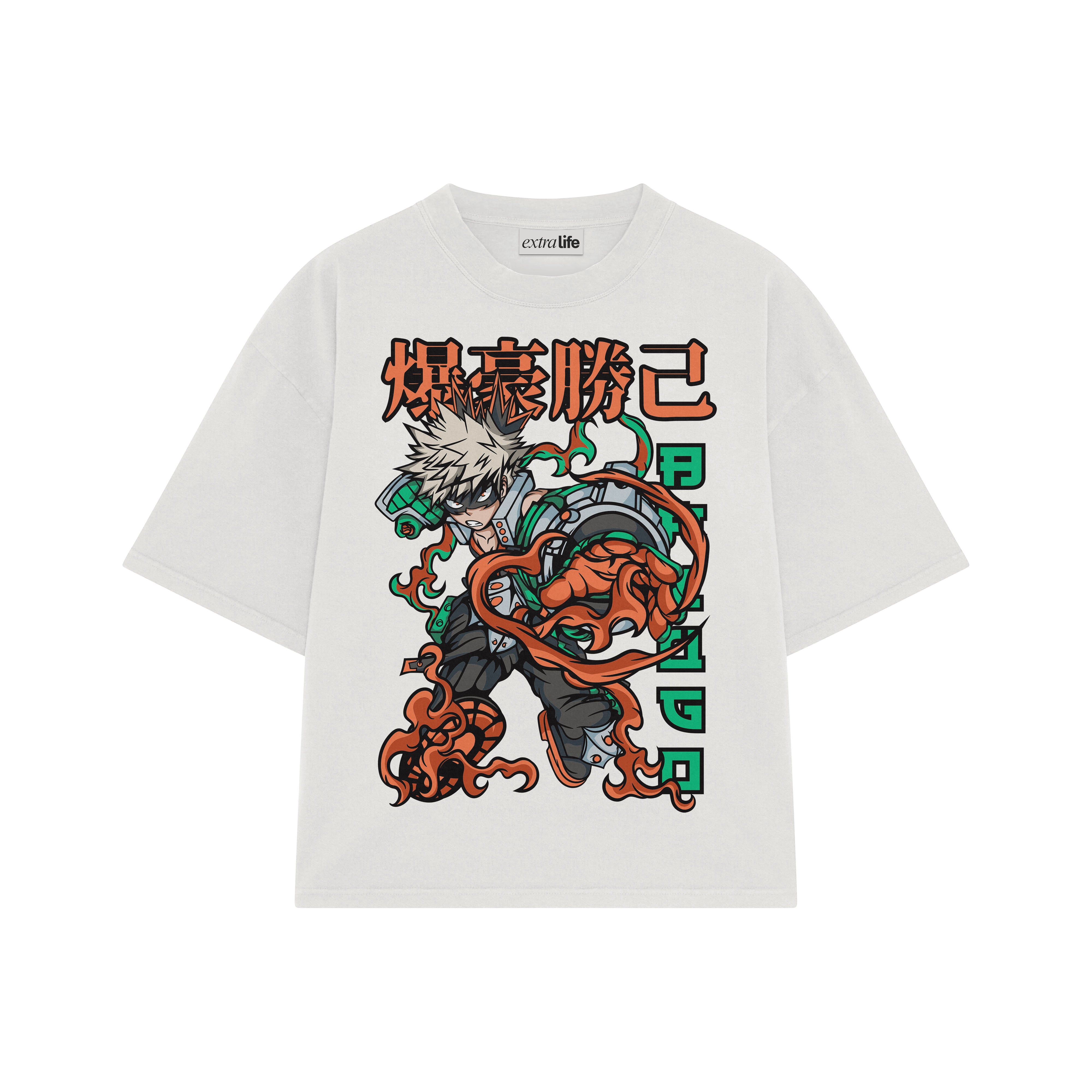 Playera streetwear premium de anime y gaming ExtraLife MX, corte boxy oversized drop shoulder heavyweight en color Deep Black y Off-White, moda urbana mexicana de culto.