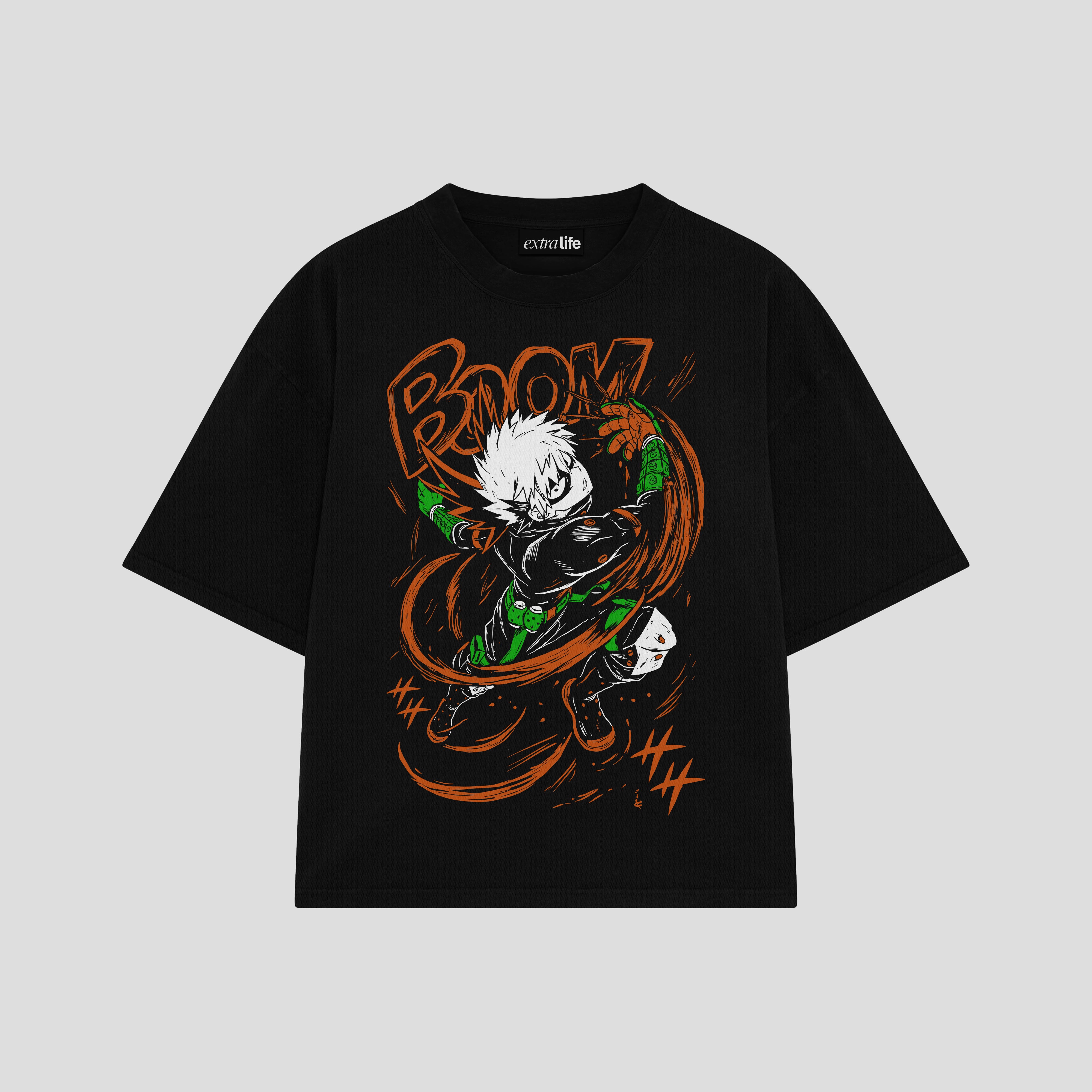 Playera streetwear premium de anime y gaming ExtraLife MX, corte boxy oversized drop shoulder heavyweight en color Deep Black y Off-White, moda urbana mexicana de culto.