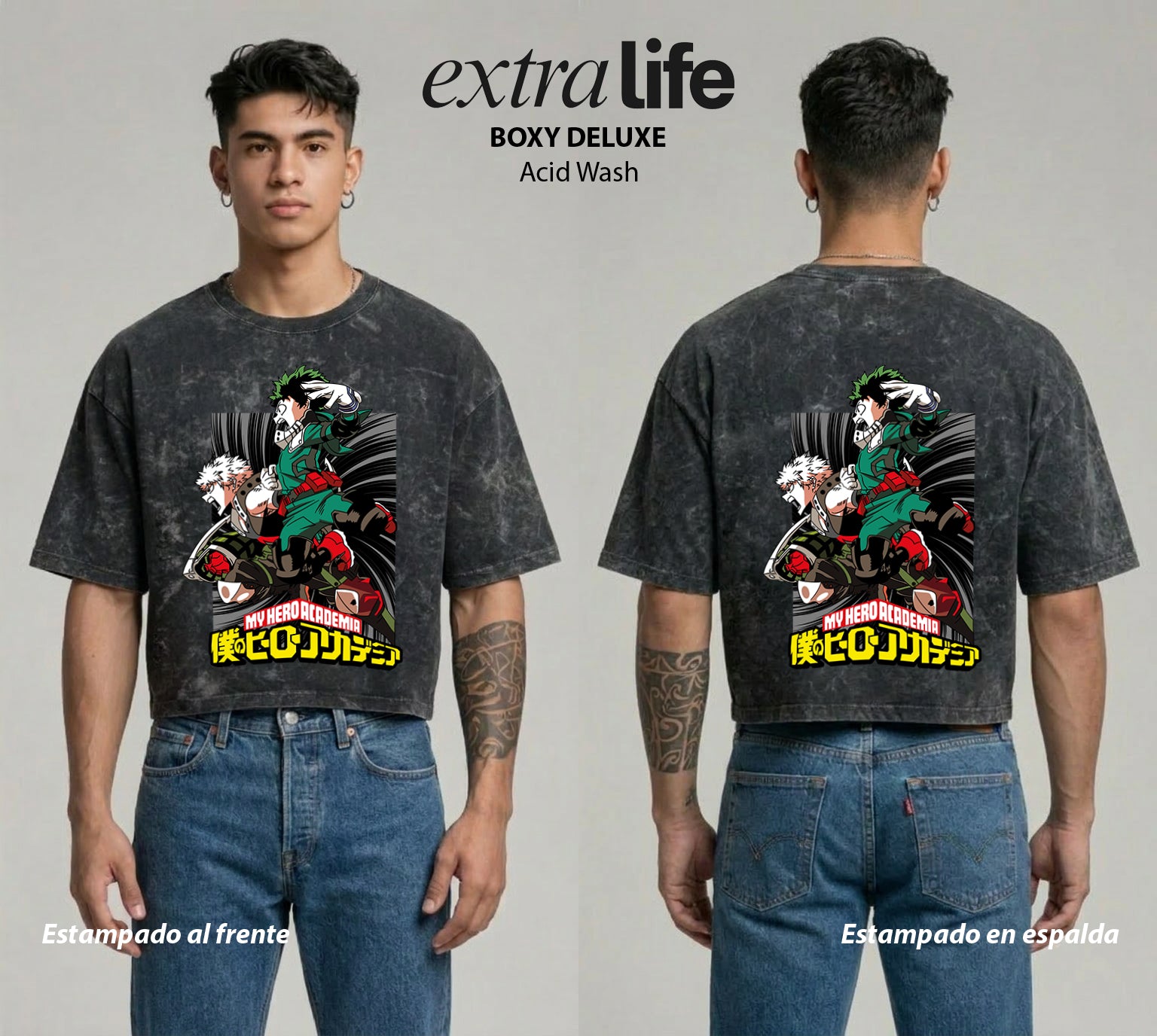 Playera streetwear premium de anime y gaming ExtraLife MX, corte boxy deluxe mineral wash heavyweight en color Acid Wash, moda urbana mexicana de culto.