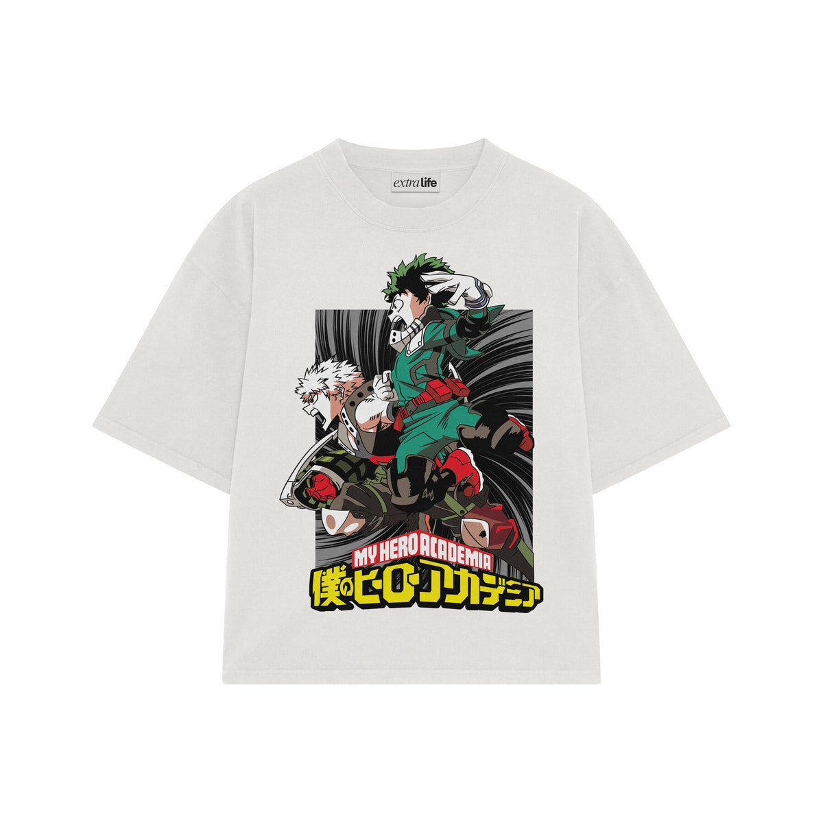 Playera streetwear premium de anime y gaming ExtraLife MX, corte oversized drop shoulder ligero y fresco en color Deep Black y Off-White, moda urbana mexicana de culto.