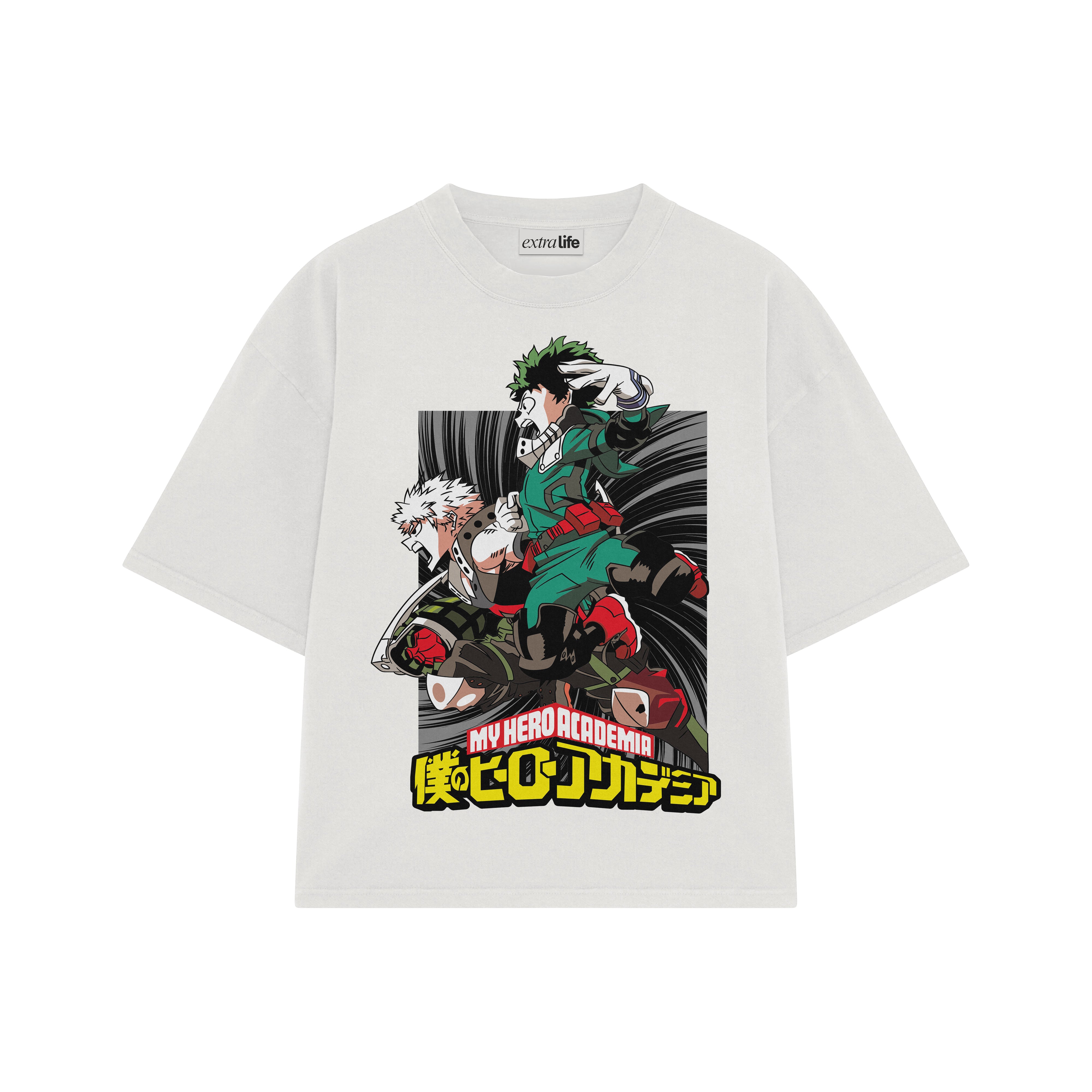 Playera streetwear premium de anime y gaming ExtraLife MX, corte boxy oversized drop shoulder heavyweight en color Deep Black y Off-White, moda urbana mexicana de culto.