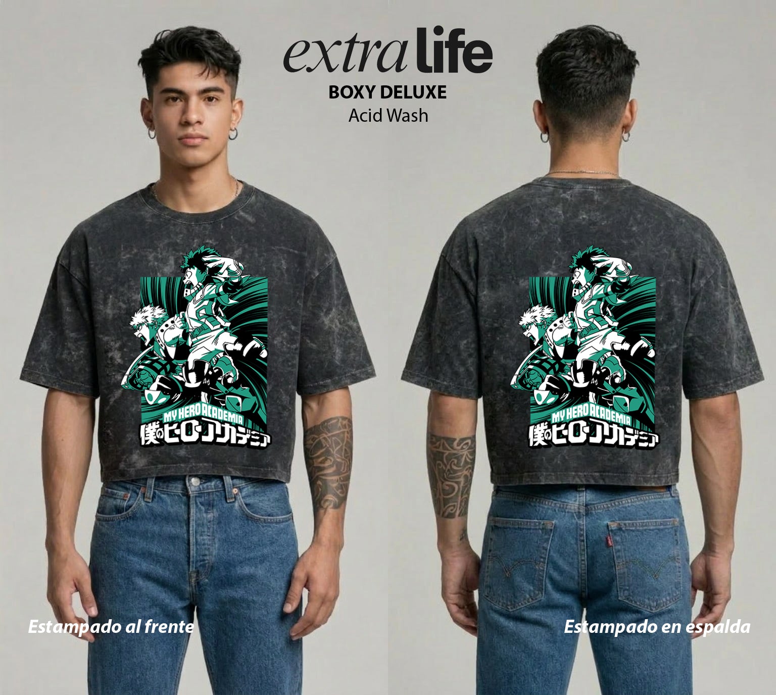Playera streetwear premium de anime y gaming ExtraLife MX, corte boxy deluxe mineral wash heavyweight en color Acid Wash, moda urbana mexicana de culto.
