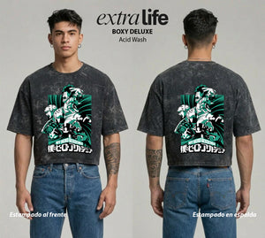 Playera streetwear premium de anime y gaming ExtraLife MX, corte boxy deluxe mineral wash heavyweight en color Acid Wash, moda urbana mexicana de culto.