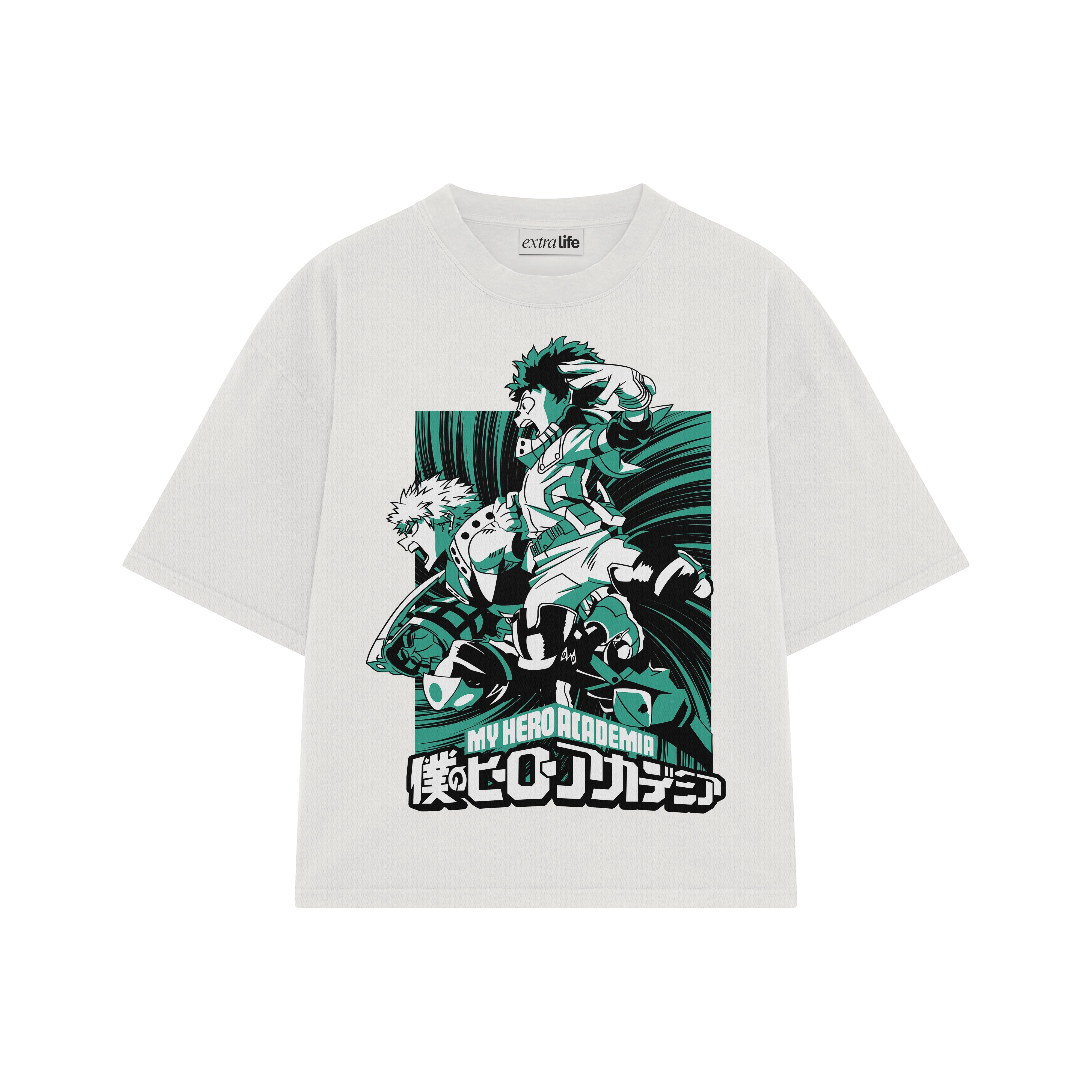 Playera streetwear premium de anime y gaming ExtraLife MX, corte boxy oversized drop shoulder heavyweight en color Deep Black y Off-White, moda urbana mexicana de culto.