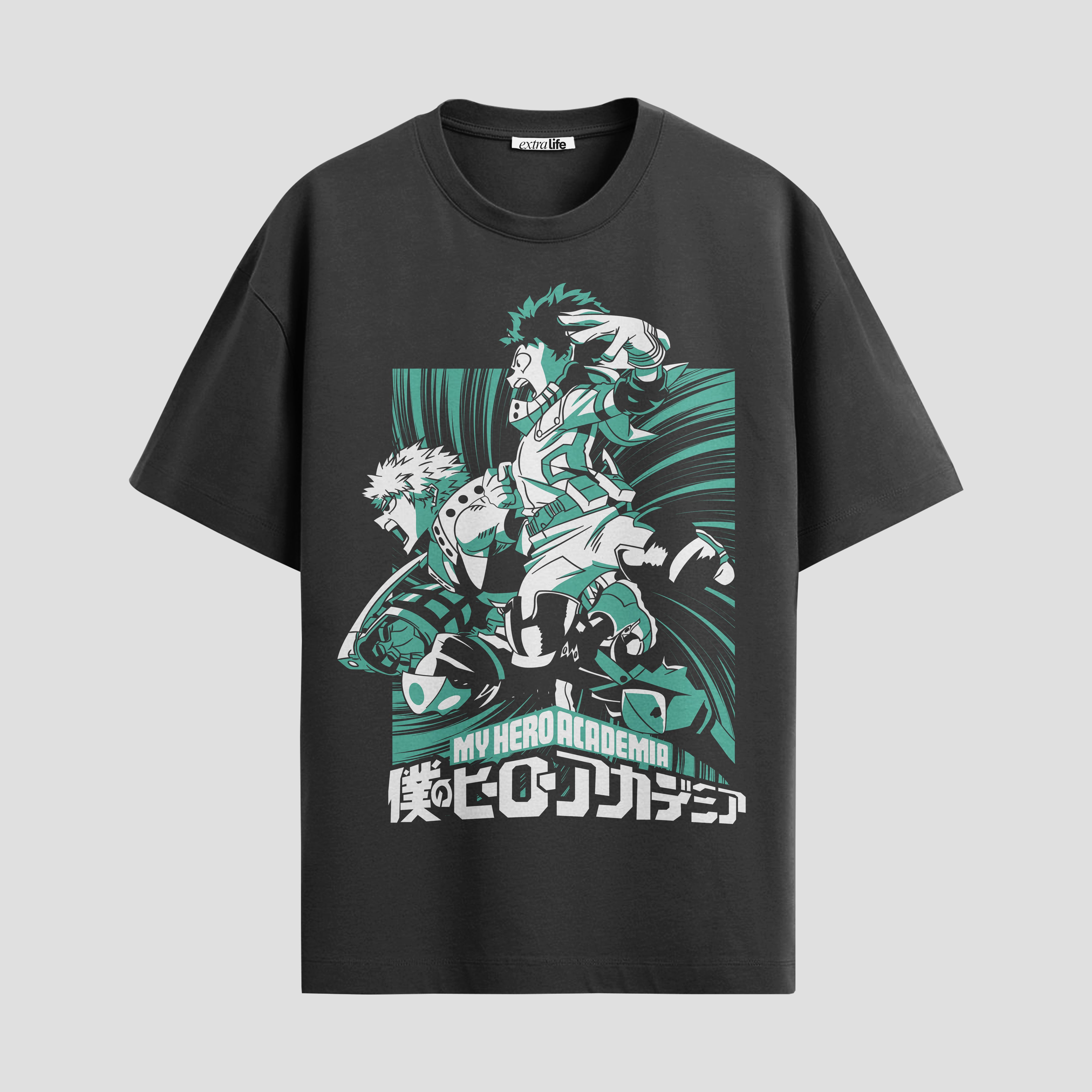 Playera urbana de anime y gaming ExtraLife MX, corte Standard Fit unisex ligero y transpirable en color Deep Black y Pure White, ropa de uso diario para gym y casual.