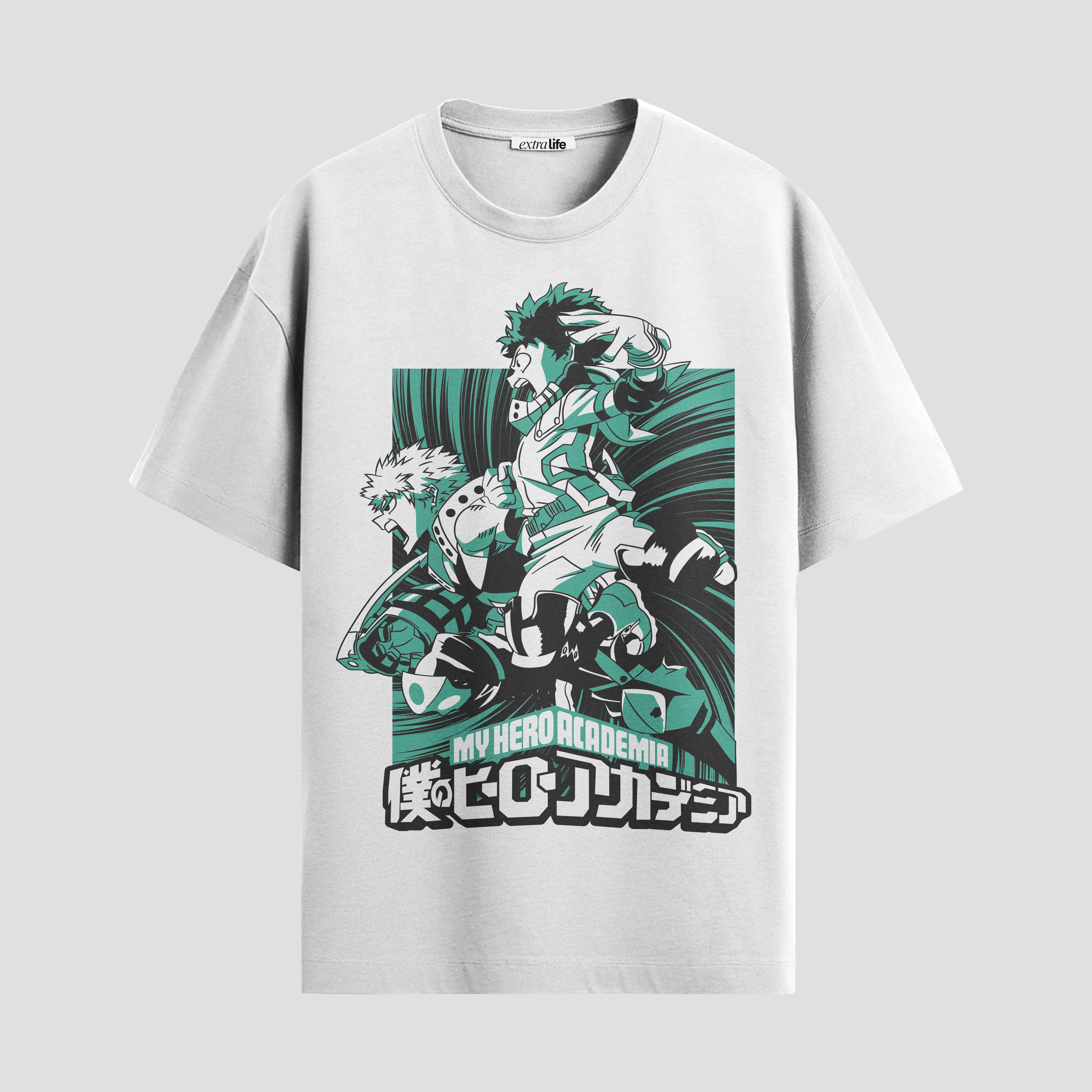 Playera urbana de anime y gaming ExtraLife MX, corte Standard Fit unisex ligero y transpirable en color Deep Black y Pure White, ropa de uso diario para gym y casual.