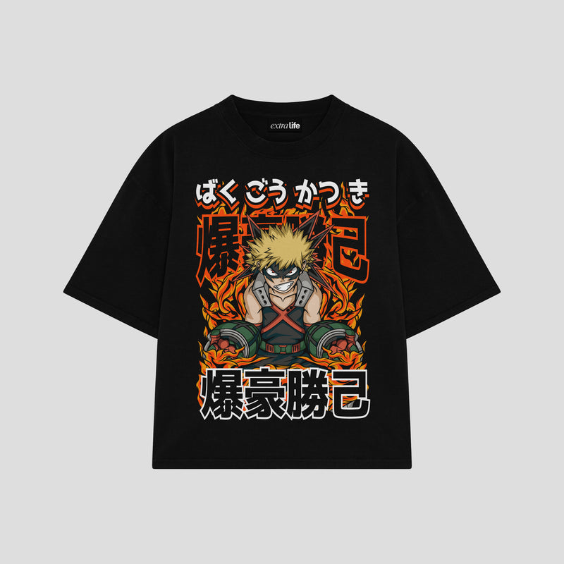 Playera streetwear premium de anime y gaming ExtraLife MX, corte boxy oversized drop shoulder heavyweight en color Deep Black y Off-White, moda urbana mexicana de culto.