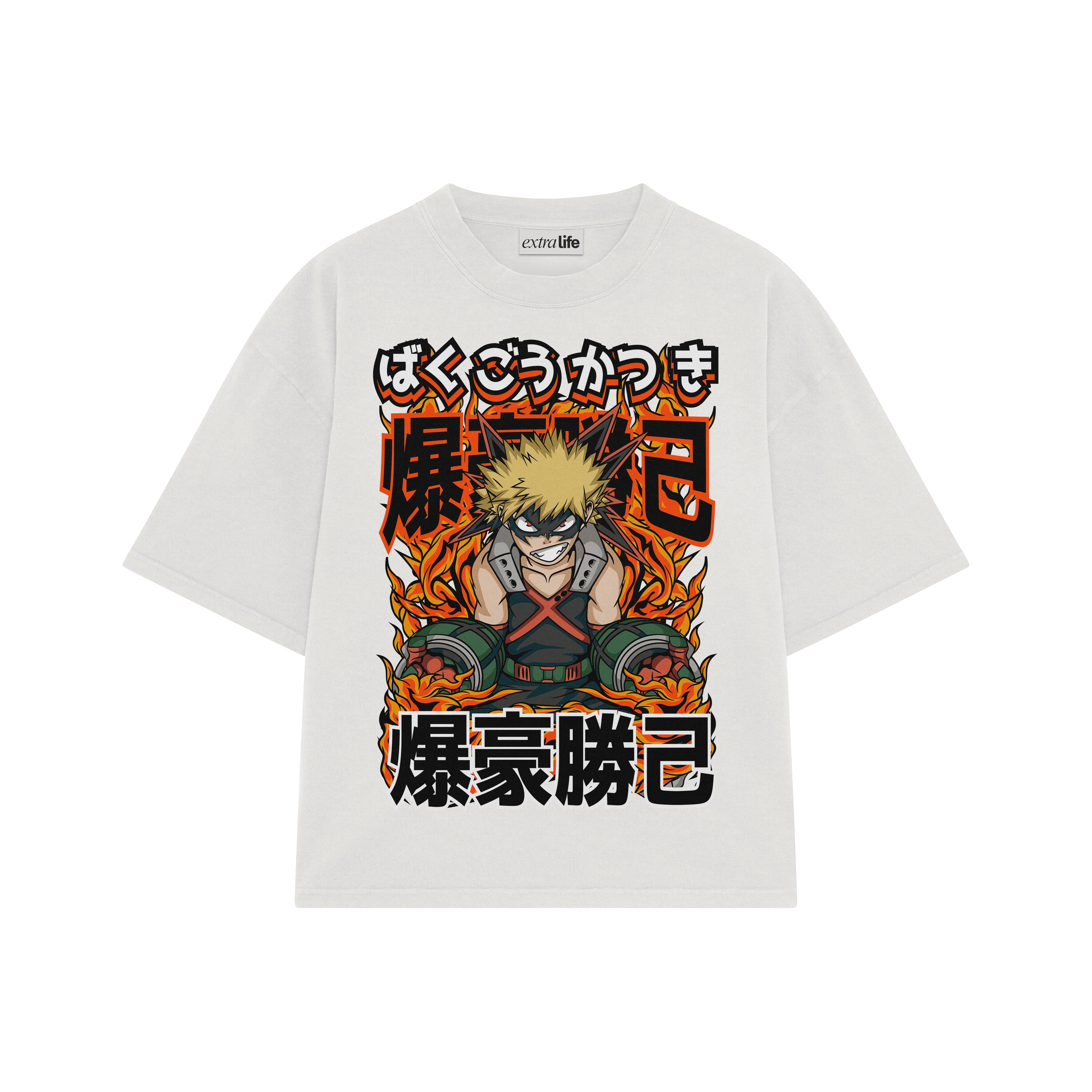Playera streetwear premium de anime y gaming ExtraLife MX, corte boxy oversized drop shoulder heavyweight en color Deep Black y Off-White, moda urbana mexicana de culto.