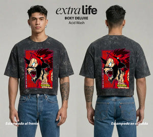 Playera streetwear premium de anime y gaming ExtraLife MX, corte boxy deluxe mineral wash heavyweight en color Acid Wash, moda urbana mexicana de culto.