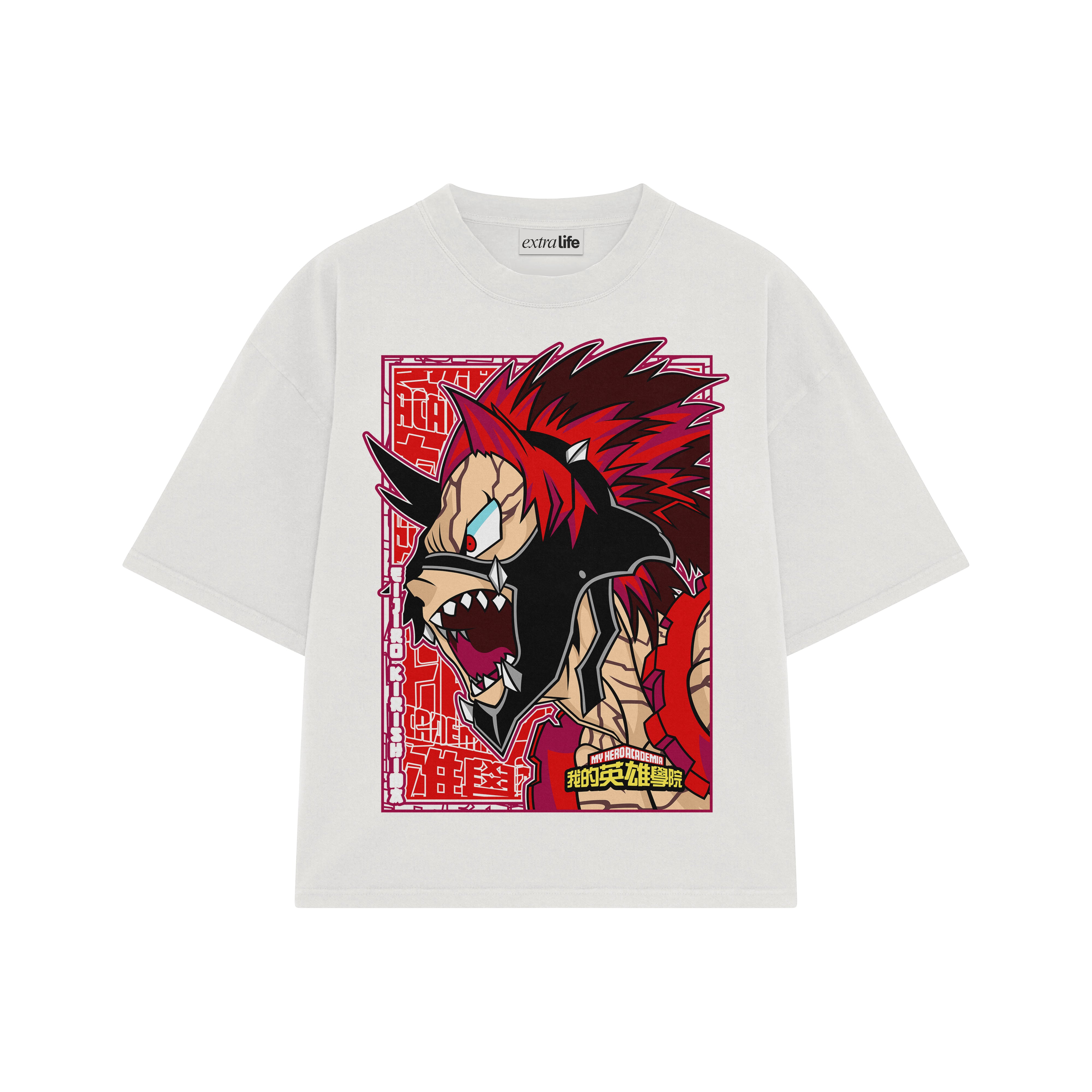 Playera streetwear premium de anime y gaming ExtraLife MX, corte boxy oversized drop shoulder heavyweight en color Deep Black y Off-White, moda urbana mexicana de culto.