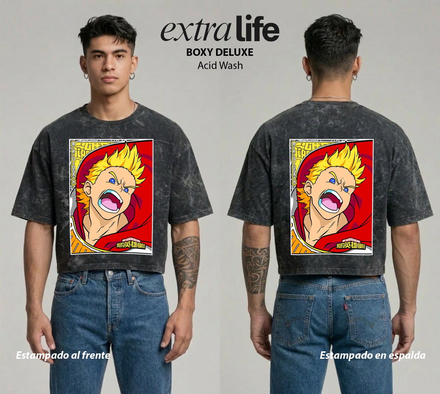 Playera streetwear premium de anime y gaming ExtraLife MX, corte boxy deluxe mineral wash heavyweight en color Acid Wash, moda urbana mexicana de culto.