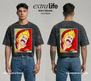 Playera streetwear premium de anime y gaming ExtraLife MX, corte boxy deluxe mineral wash heavyweight en color Acid Wash, moda urbana mexicana de culto.