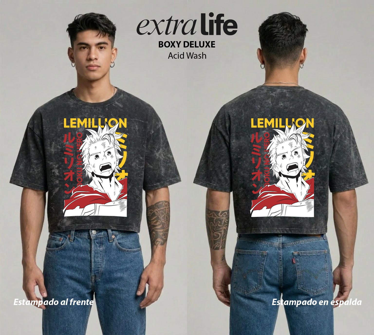 Playera streetwear premium de anime y gaming ExtraLife MX, corte boxy deluxe mineral wash heavyweight en color Acid Wash, moda urbana mexicana de culto.