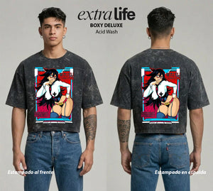Playera streetwear premium de anime y gaming ExtraLife MX, corte boxy deluxe mineral wash heavyweight en color Acid Wash, moda urbana mexicana de culto.