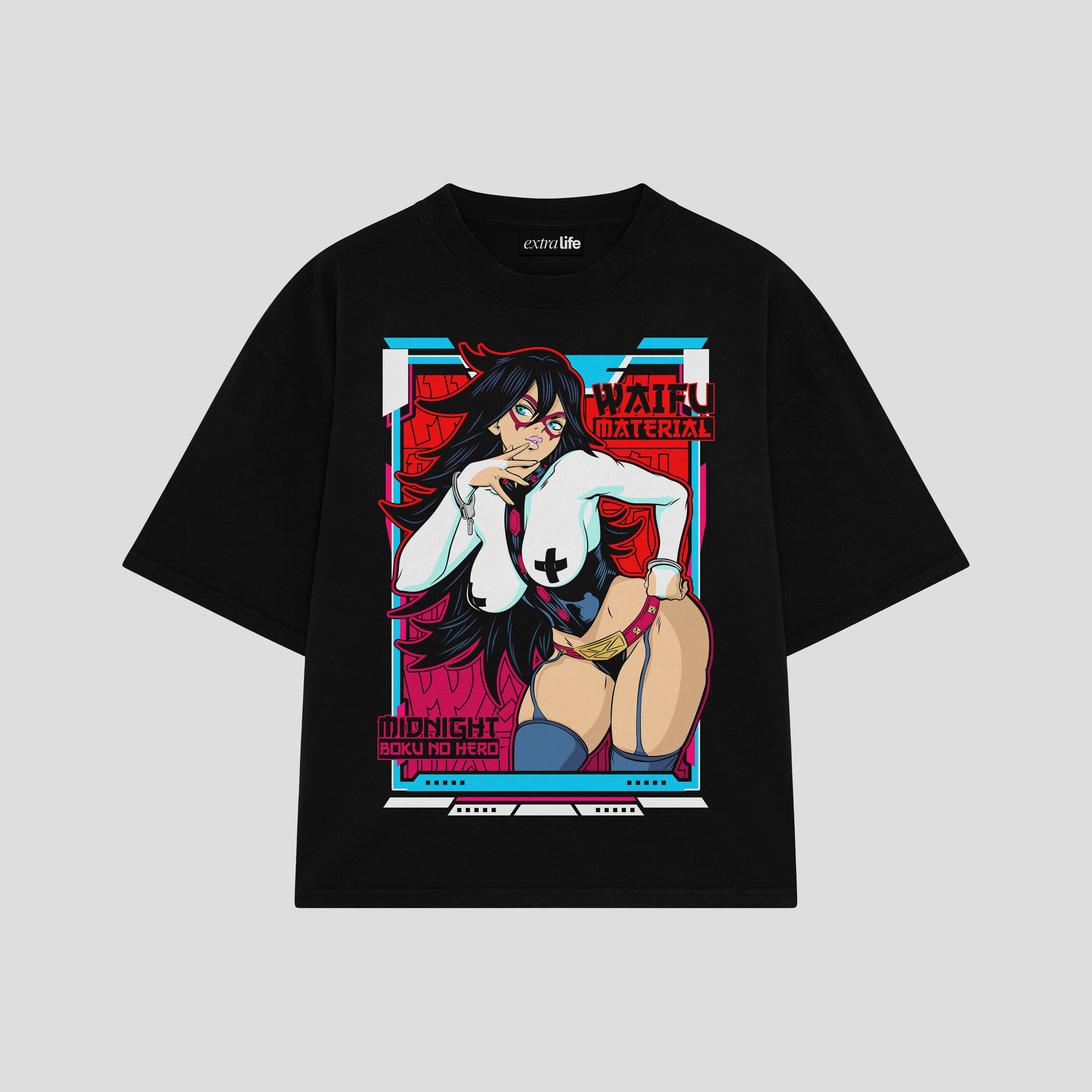 Playera streetwear premium de anime y gaming ExtraLife MX, corte boxy oversized drop shoulder heavyweight en color Deep Black y Off-White, moda urbana mexicana de culto.