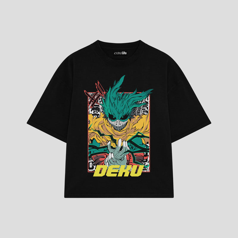 Playera streetwear premium de anime y gaming ExtraLife MX, corte boxy oversized drop shoulder heavyweight en color Deep Black y Off-White, moda urbana mexicana de culto.