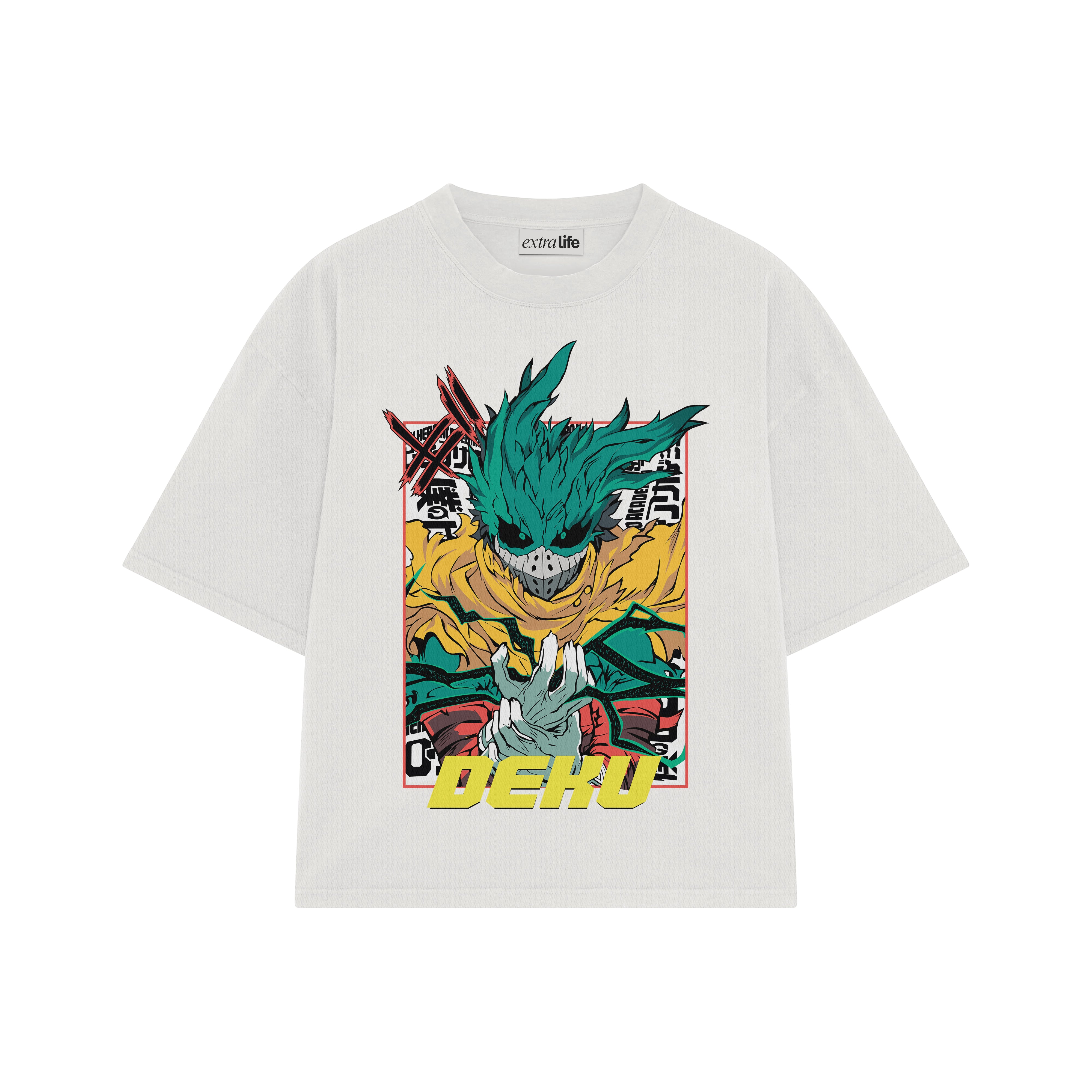 Playera streetwear premium de anime y gaming ExtraLife MX, corte boxy oversized drop shoulder heavyweight en color Deep Black y Off-White, moda urbana mexicana de culto.