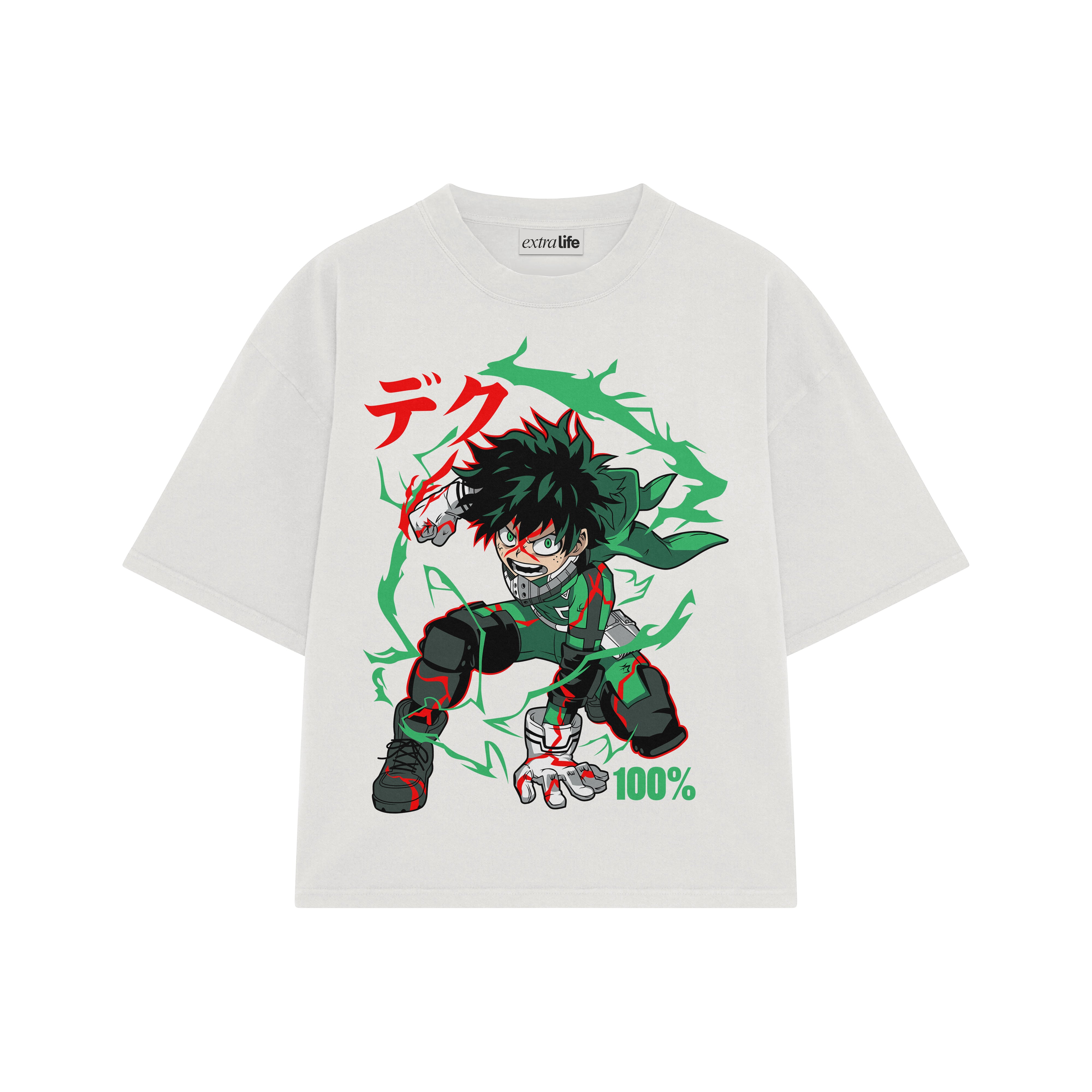 Playera streetwear premium de anime y gaming ExtraLife MX, corte boxy oversized drop shoulder heavyweight en color Deep Black y Off-White, moda urbana mexicana de culto.