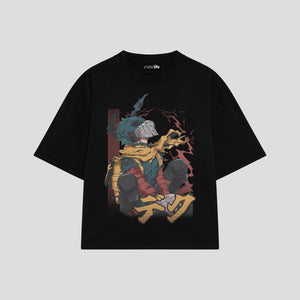 Playera streetwear premium de anime y gaming ExtraLife MX, corte boxy oversized drop shoulder heavyweight en color Deep Black y Off-White, moda urbana mexicana de culto.